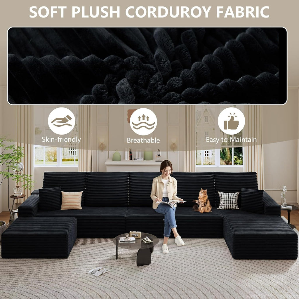 166.9' Cloud Sectional Couch with U-Shaped Chaise, Corduroy Sectional Sofa with Ottoman, Boneless Couch with Deep Seat in a Box for Living Room, No Assembly Required (Black, Right Facing Chaise)