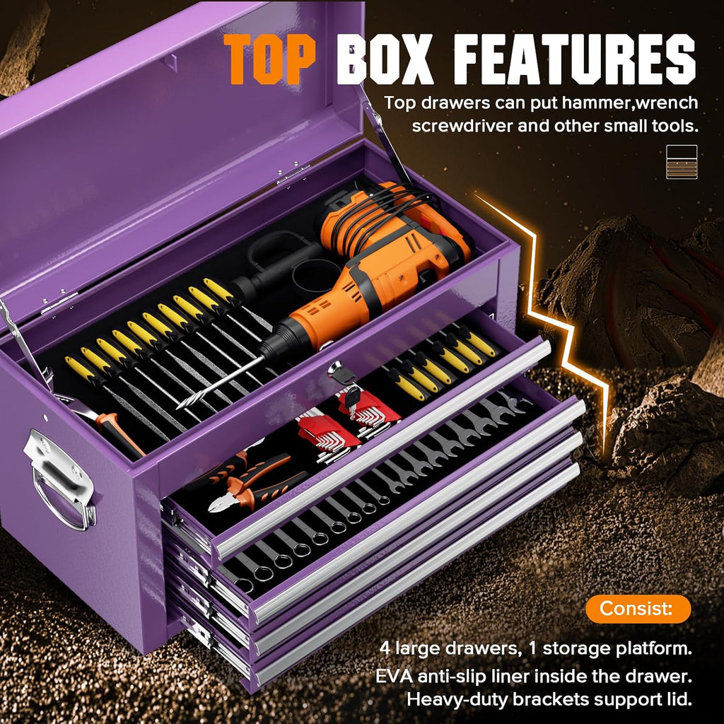 Oakcloud Heavy-Duty 5-Drawer Rolling Tool Chest & Cabinet Combo with Black Liner – Lockable Steel Garage Tool Box on Wheels – Detachable Top Toolbox & Bottom Storage Cart with Side Hooks, Purple