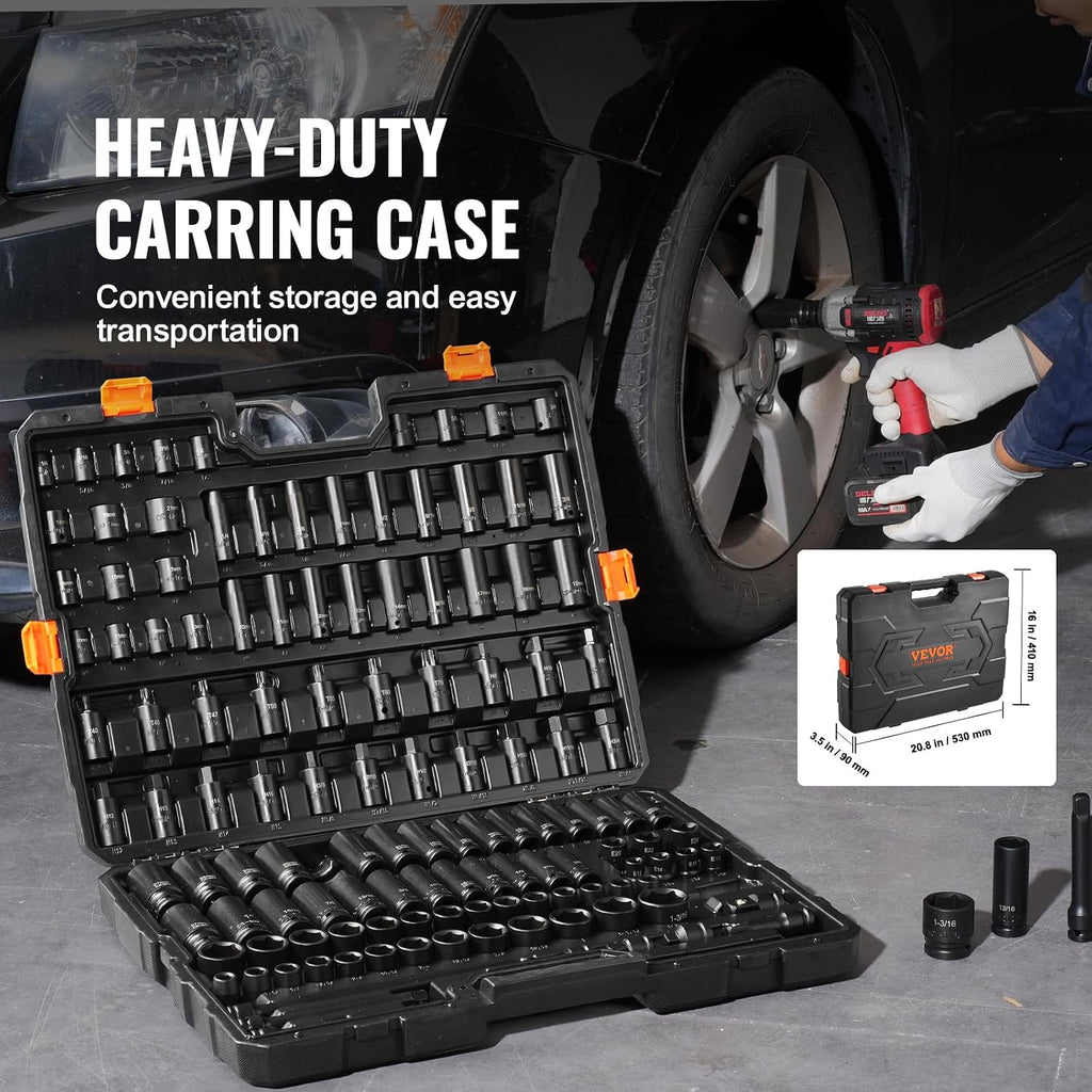 VEVOR Impact Socket Set 130 Piece 3/8' & 1/2' - SAE & Metric Drive Socket Set - 6 Point Cr-Mo Alloy Steel for Auto Repair - Easy-to-Read Size Markings - Includes Storage Case