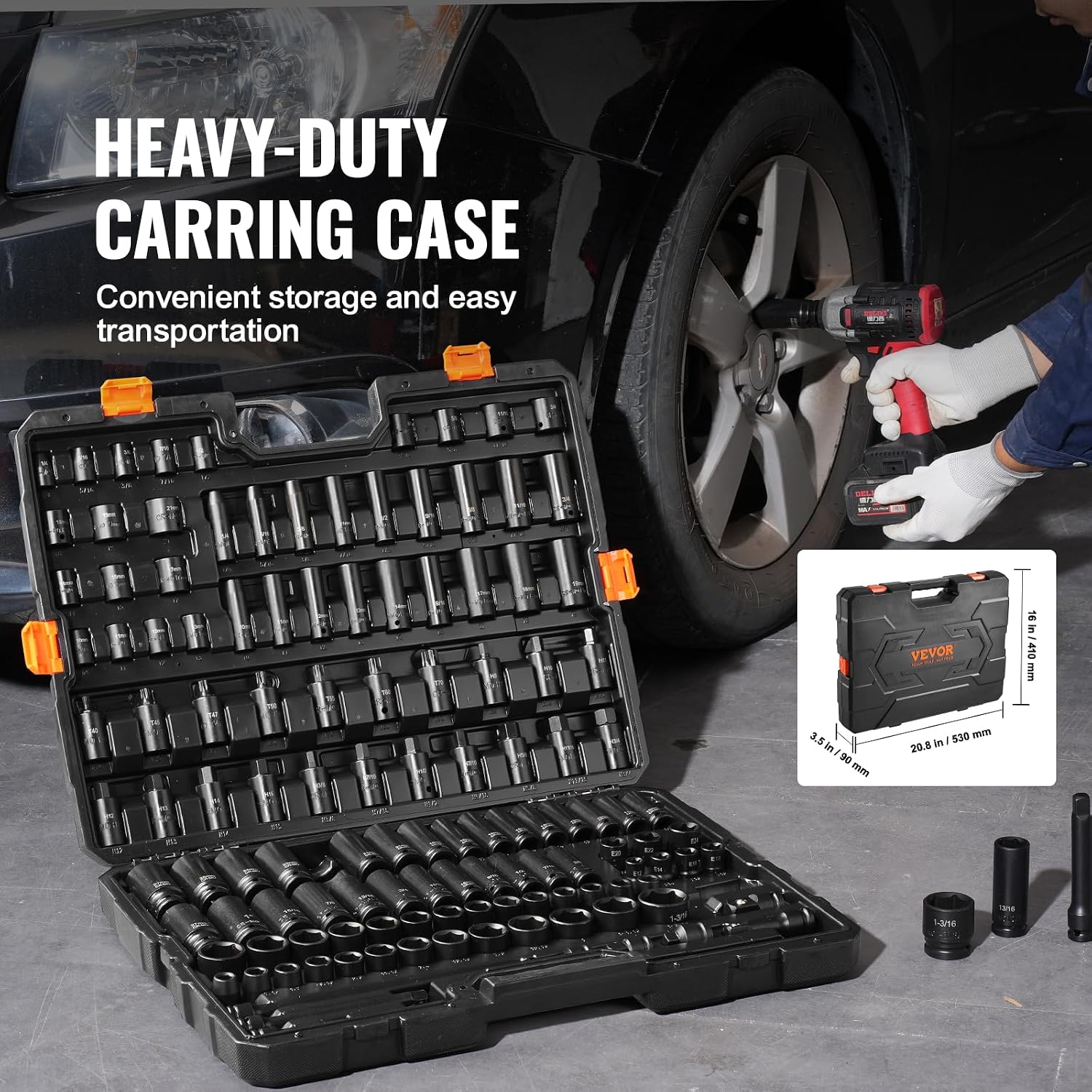 VEVOR Impact Socket Set 130 Piece 3/8' & 1/2' - SAE & Metric Drive Socket Set - 6 Point Cr-Mo Alloy Steel for Auto Repair - Easy-to-Read Size Markings - Includes Storage Case