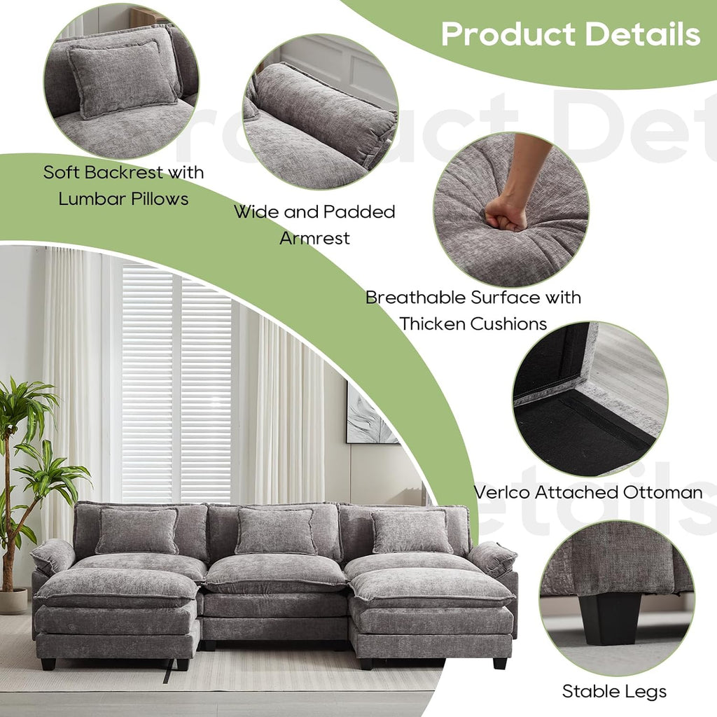 Oprisen 120' Modular Sectional Sofa, Comfy Cloud Couch Sectional Sofa with Ottoman, Chenille Sofa Sleeper Deep Seat Sofa with Throw Pillows for Living Room (Light Gray, 120'- U Shape)