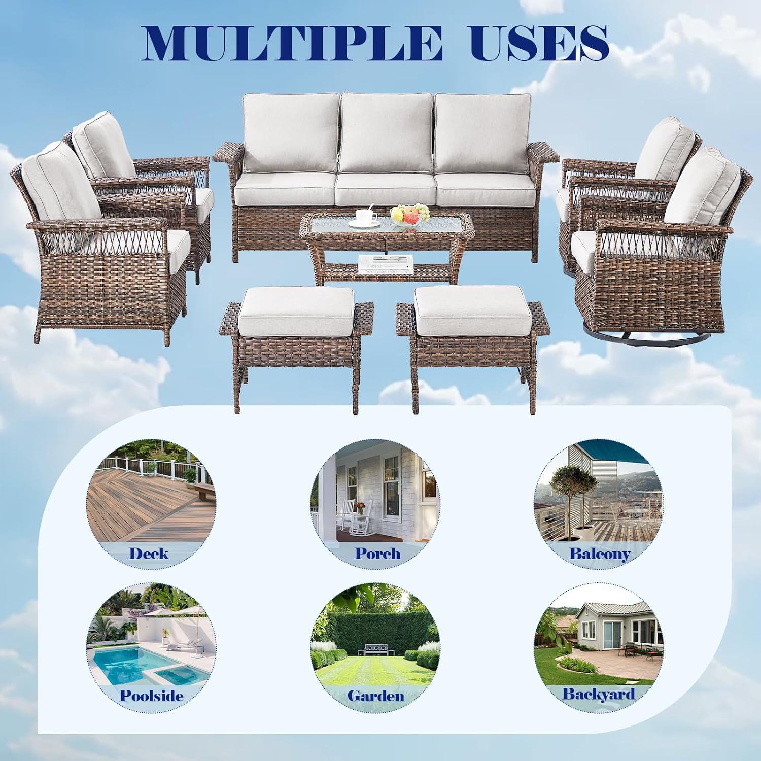 Outdoor Patio Rocking Swivel Chairs - 3PC Wicker Patio Bistro Rocker Chair Set,Rattan Glider Chair with Sturdy Frame,All-Weather PE Wicker and Cushions,1 Side Table for Deck Porch Balcony(Brown/Grey)