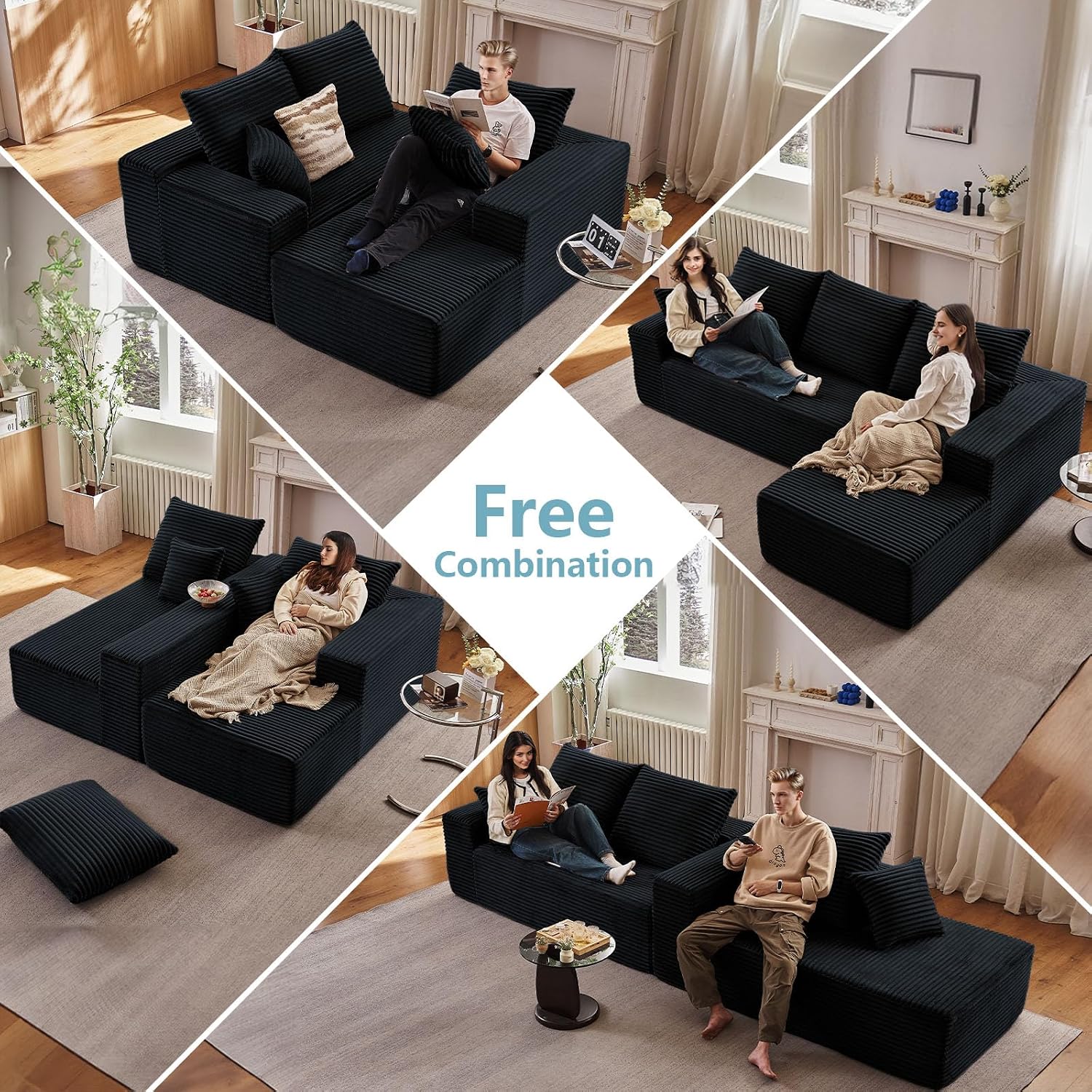 107' W Cloud Sectional Couch with L-Shape Chaise, Modern Corduroy Boneless Couch for Living Room,Memory Foam Sofa with Deep Seat,No Assembly Required (Black,Right-Facing Chaise)