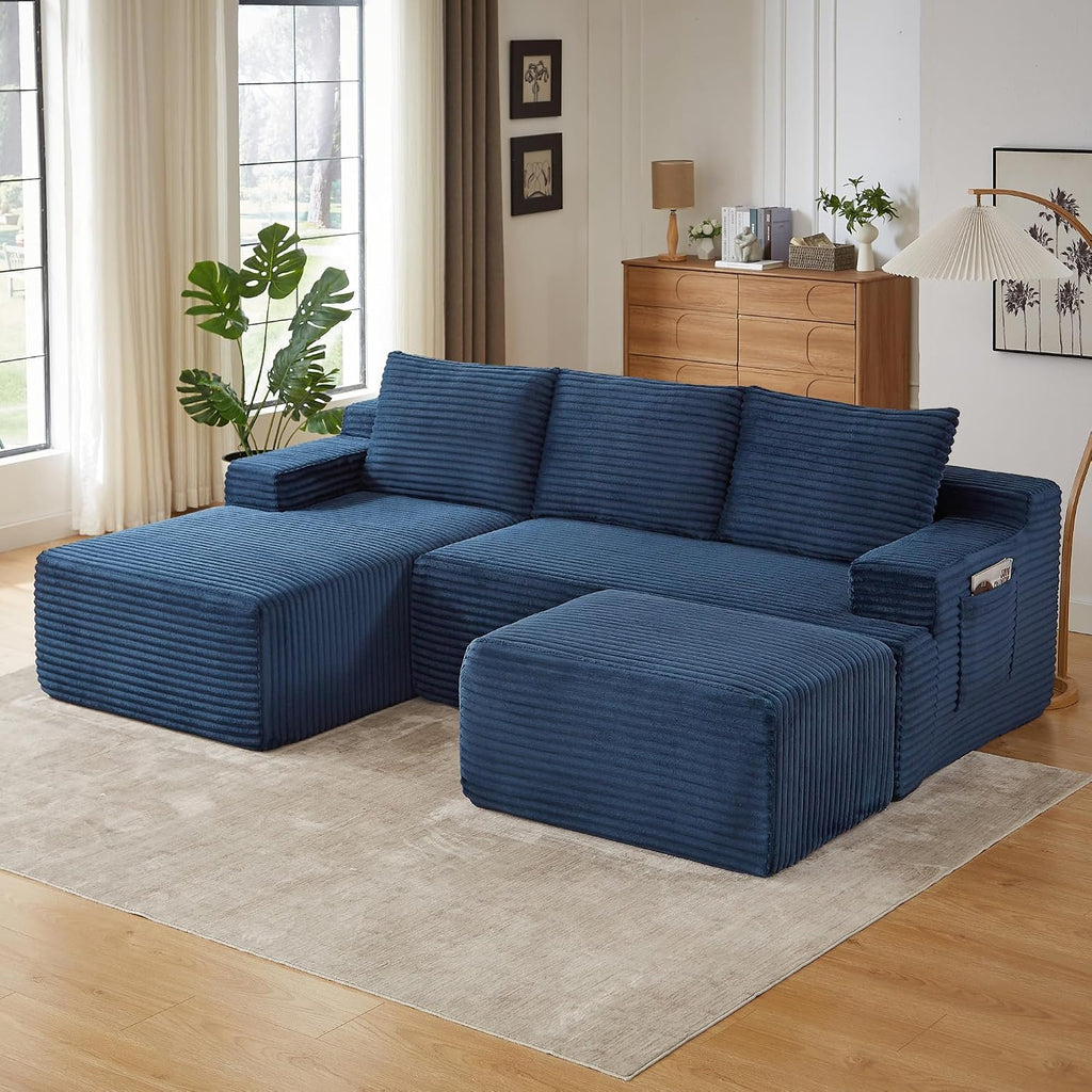 96' Sectional Couches for Living Room Cloud Couch Sofa with L-Shape Upholstered Boneless Couchs Modern Modular Sectional Couch with Chaise (Bule, 96' W+Left Facing Chaise+2Seaters+Ottoman)