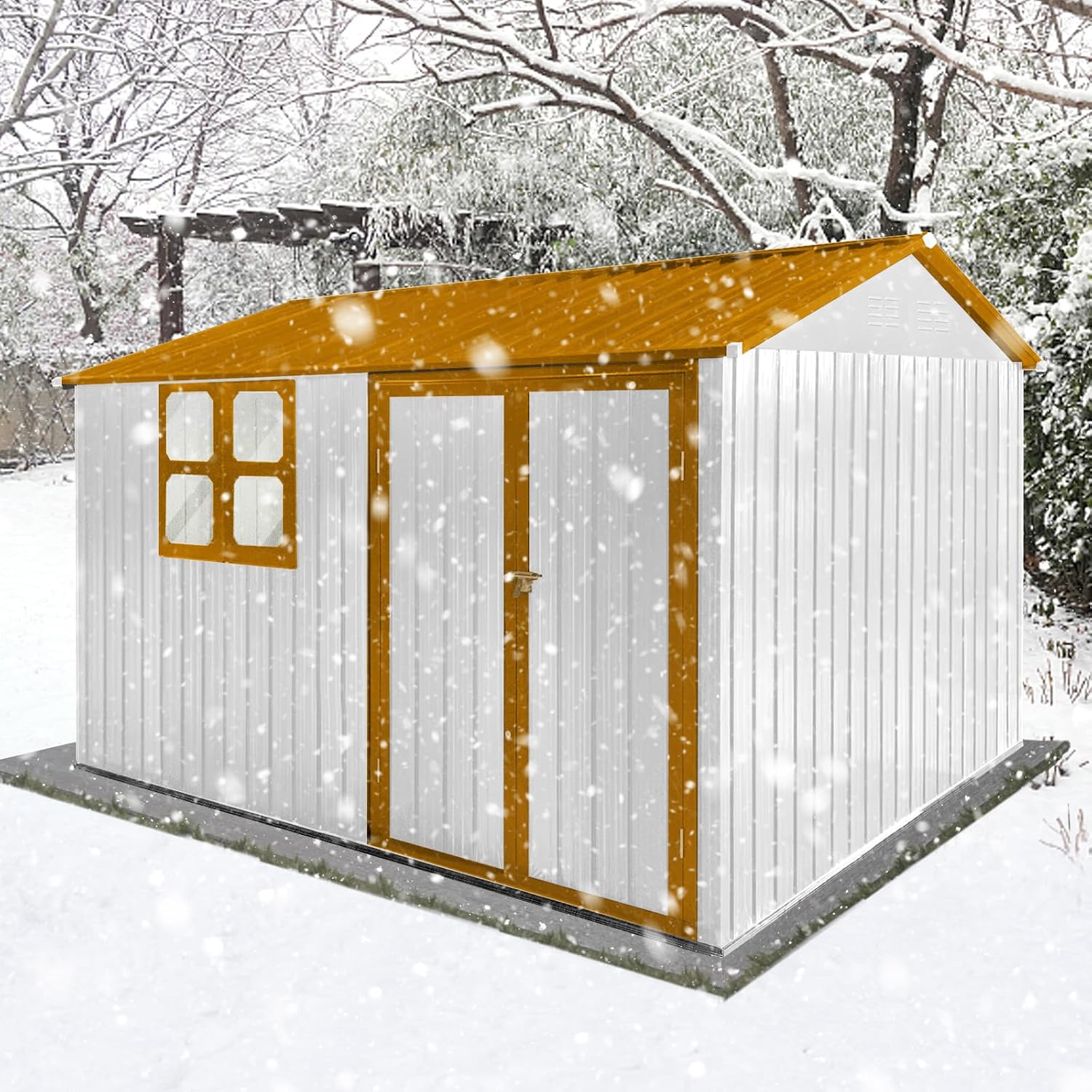 10x8 ft Outdoor Metal Storage Shed with Window, Aluminum Frame and Galvanized Steel Plate Tool Shed with Lockable Door, Air Vent, Waterproof Garden Storage House for Backyard (Yellow/White)