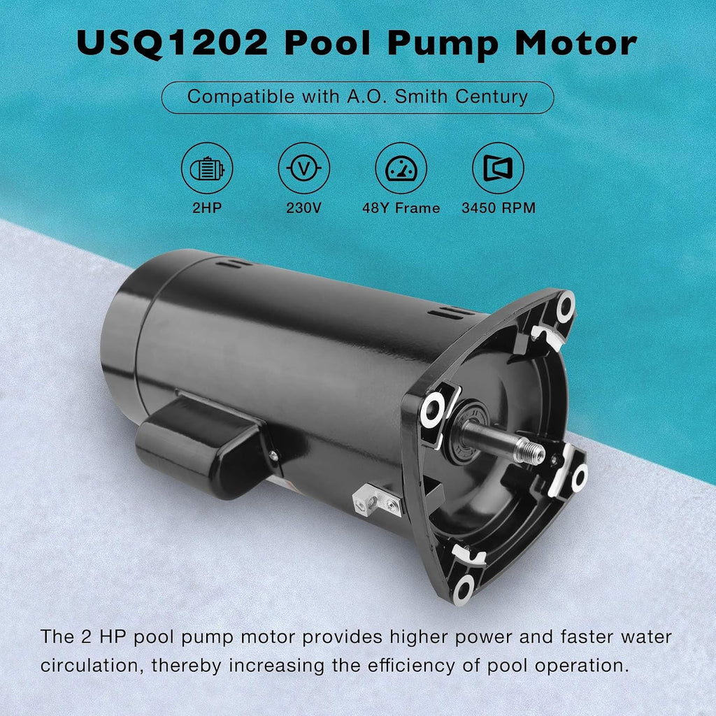ATRACYPART USQ1202 2HP Pool Pump Motor 48Y Frame, 230V, 3450 RPM Compatible with A.O. Smith Century Pool Pump Motors with Square Flange for Various Above Ground and Underground Swimming Pools
