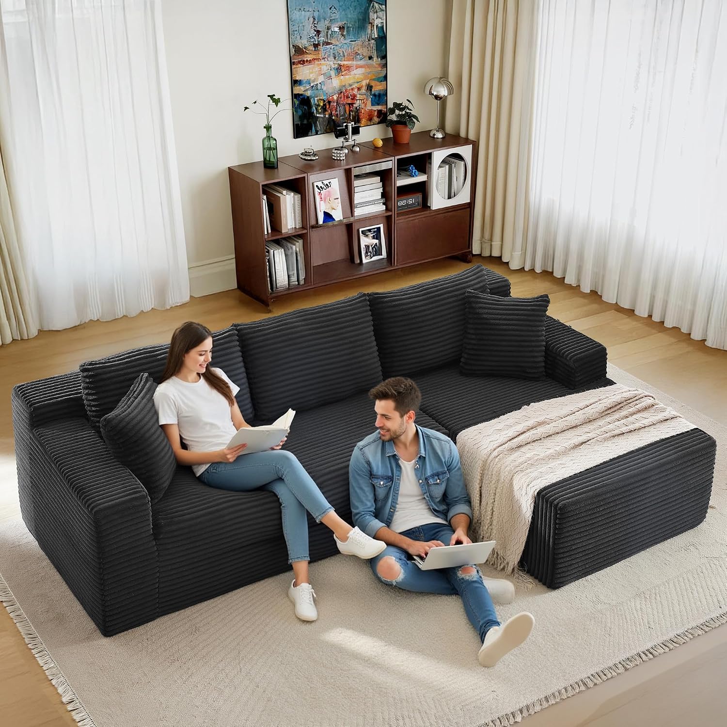 96' Sectional Couches for Living Room Cloud Couch Sofa with L-Shape Upholstered Boneless Couchs Modern Modular Sectional Couch with Chaise (Black, 105' W+Right)