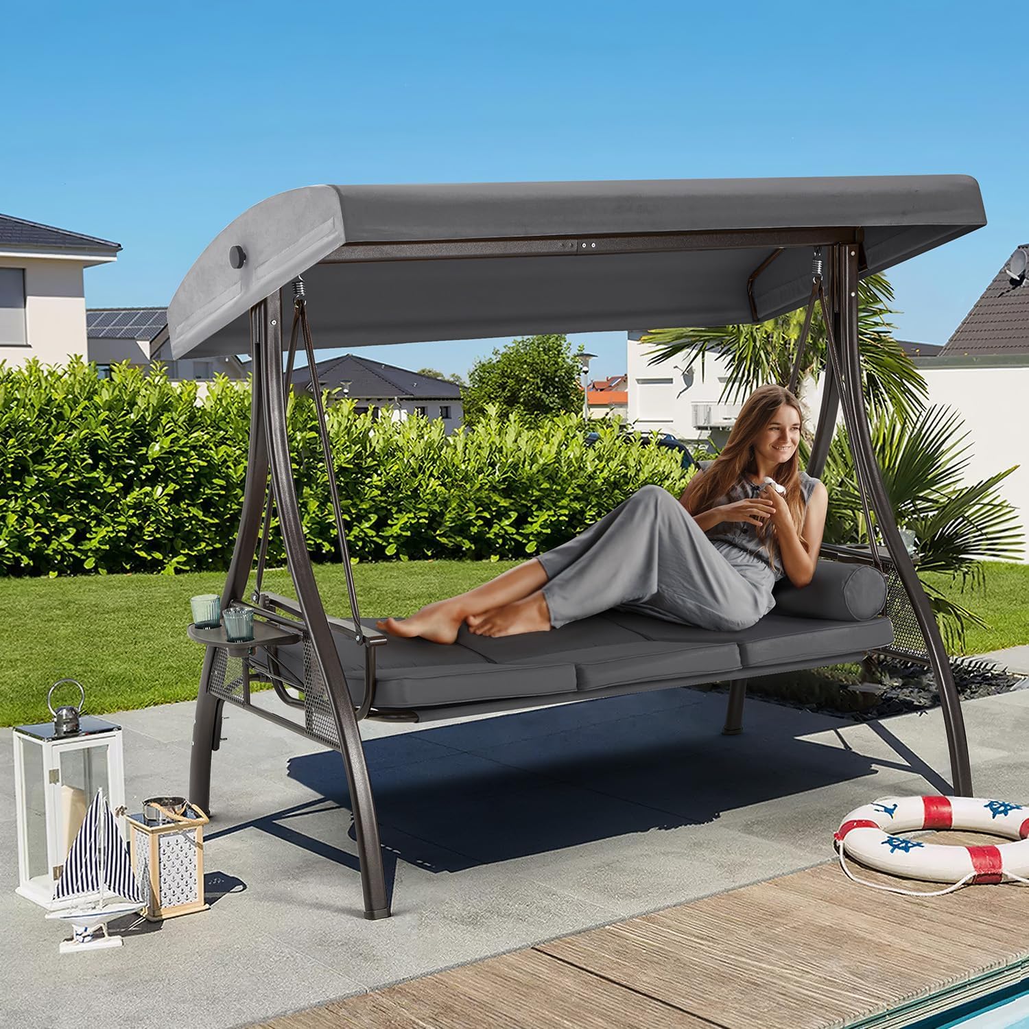 HOMREST 3 Person Outdoor Porch Swing with 1.5' Upgraded Cup Holder, Adjustable Canopy, Backrest, Patio Swing Bed with Weather Resistant Steel Frame, Cushions for Garden,Deck and Poolside(Gray)
