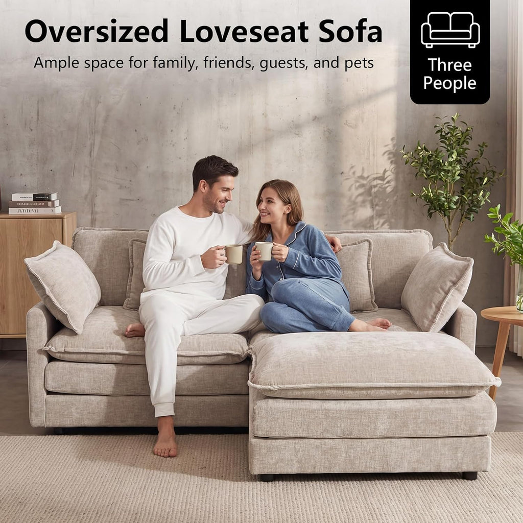 GNIXUU 76.7' Cloud Sofa Couch, Modern Chenille Deep 2 Seater Loveseat with Moveable Ottoman and 4 Pillows, Comfy Modular L Shaped Couches for Small Living Room, Apartment, Studio, Office, Camel