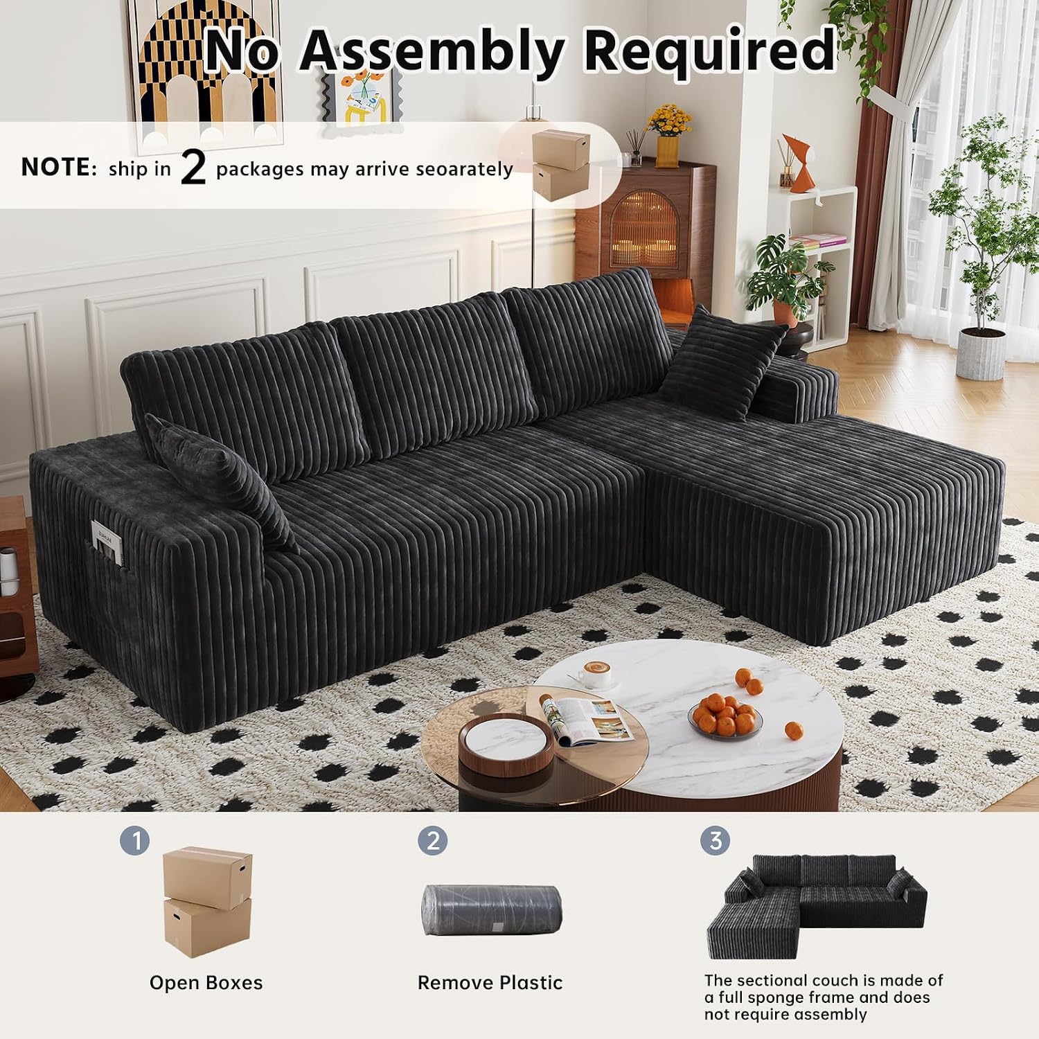 108' Modular Sectional Cloud Couch for Living Room Deep Seat L Shapes Boneless Couch with Oversized Chaise Lounge, Comfy Memory Foam Flannel Fabric Sofa for Bedroom Apartment, No Assembly Required