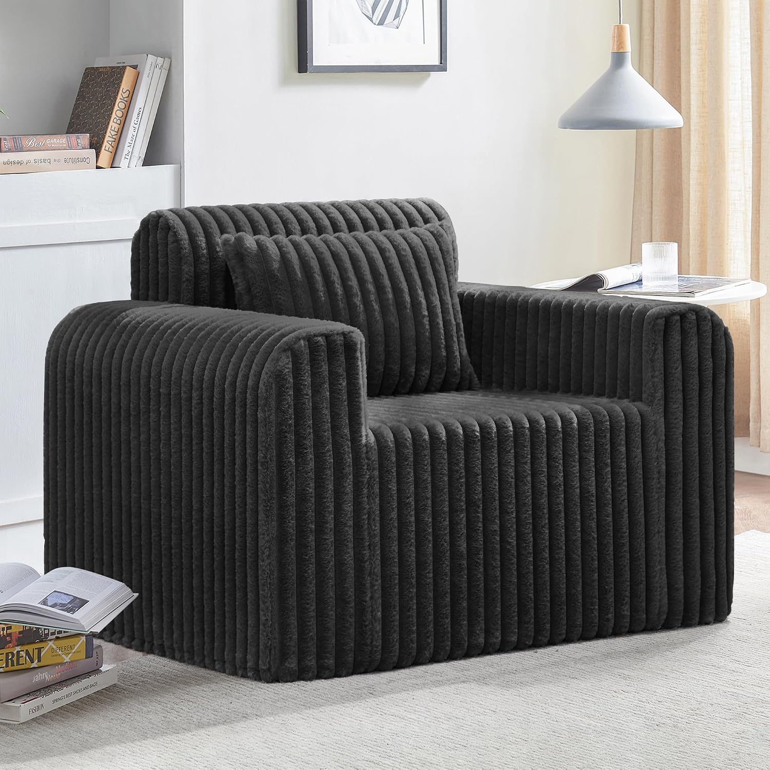 Hobestluk Single Sofa Foam Couch Sofa for Small Spaces Comfy Sofas with Removable Cover Furry Couch with Pillows for Living Room, Bedroom, Apartment, Office (Black, Standard)