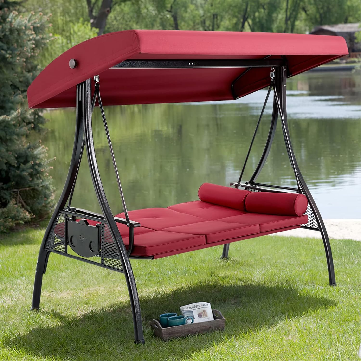 HOMREST 3 Person Outdoor Porch Swing with 1.5' Upgraded Cup Holder, Adjustable Canopy, Backrest, Patio Swing Bed with Weather Resistant Steel Frame, Cushions for Garden,Deck and Poolside(Wine Red)