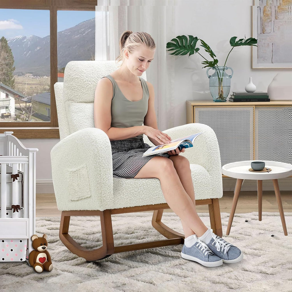 Nursery Rocking Glider Chair, Modern Fabric Tall Back Accent Rocker Chair Upholstered Arm Chair w/Side Pockets, Modern Leisure Single Sofa for Living Room, Hotel, Bedroom, Office, Cream