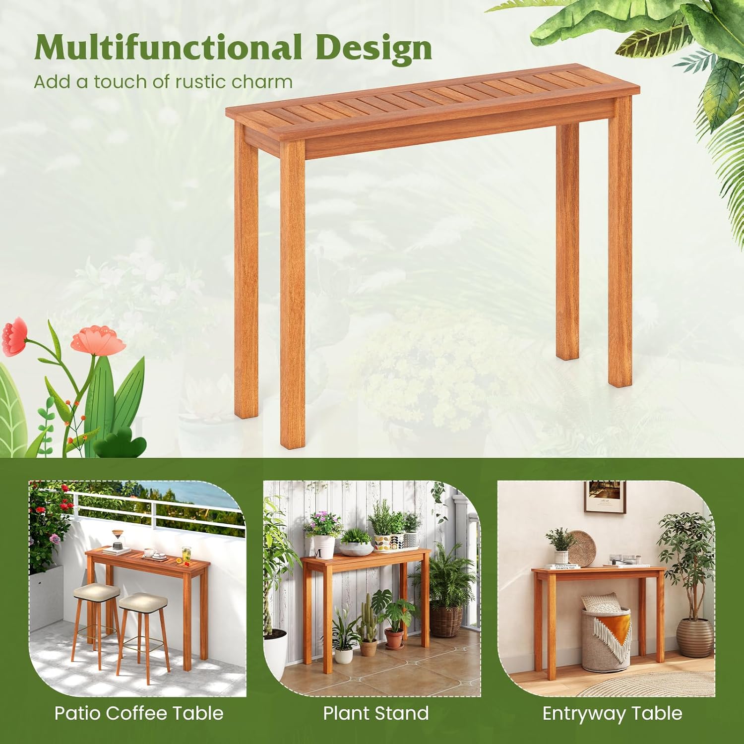 Tangkula Narrow Outdoor Dining Table, Solid Wood Furniture Patio Console Table with Slatted Tabletop, Wooden Buffet Bar Plant Stand for Garden Deck Entryway Porch Balcony