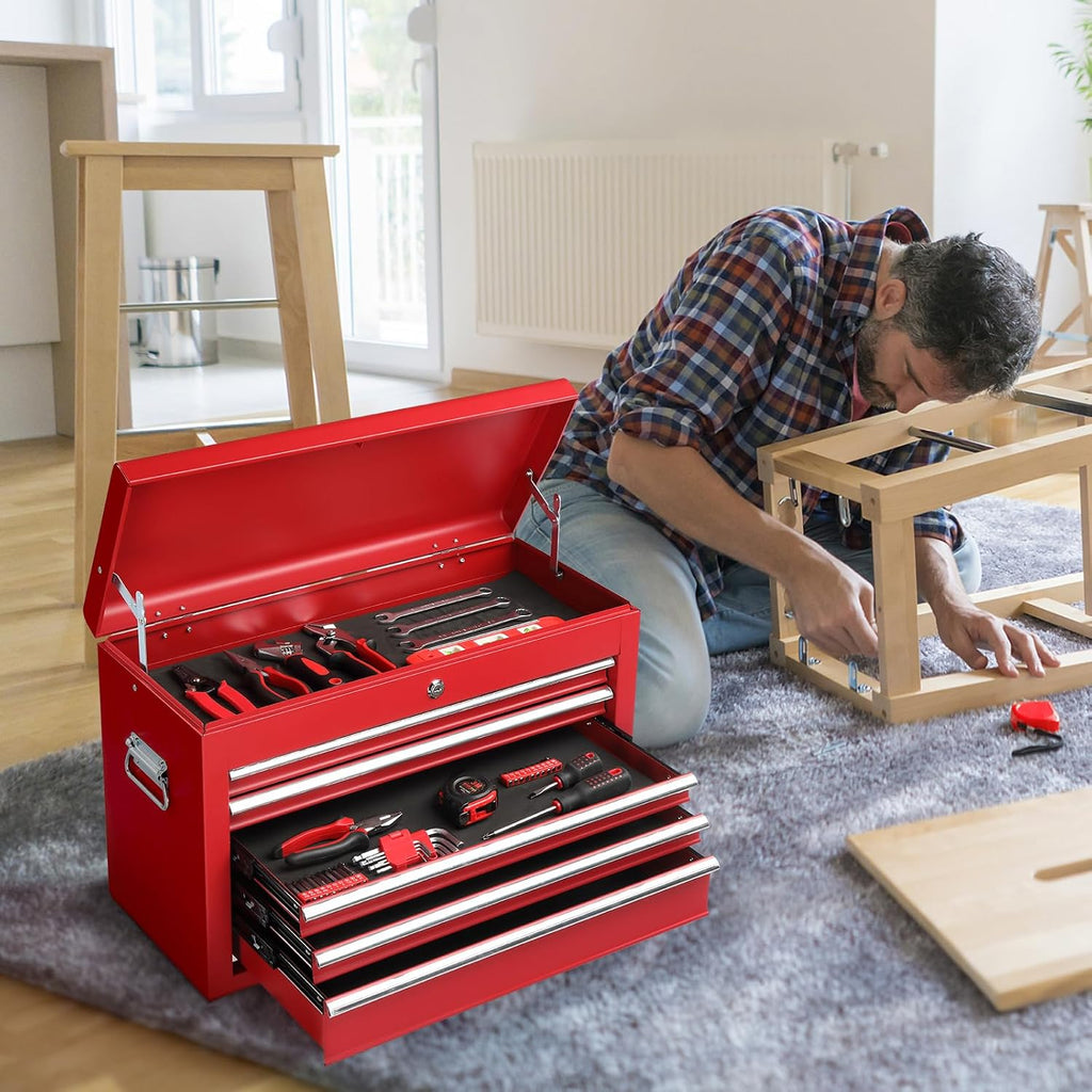 Winado 24' Metal Tool Box, Portable 5 Drawers Toolbox with Top Storage Tray, Carry Handle, Ball Bearing Runners, Lockable Tool Chest Cabinet for Garage, Warehouse, Repair Shop & Home, Red