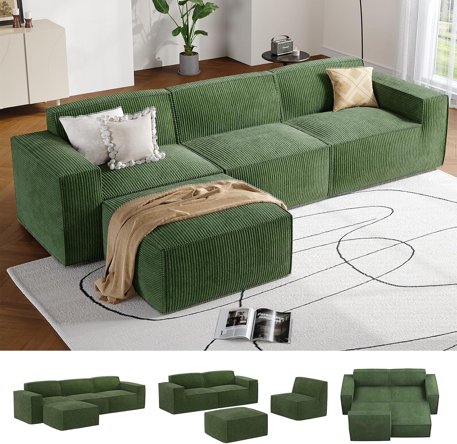 Amada 110' Cloud Sectional Couch with L-Shape Chaise&Movable Ottoman,Modern Modular Sofa with Deep Seat, Boneless Sofa,Couches for Living Room Bedroom,No Assembly Required, Green(Corduroy Fabric)