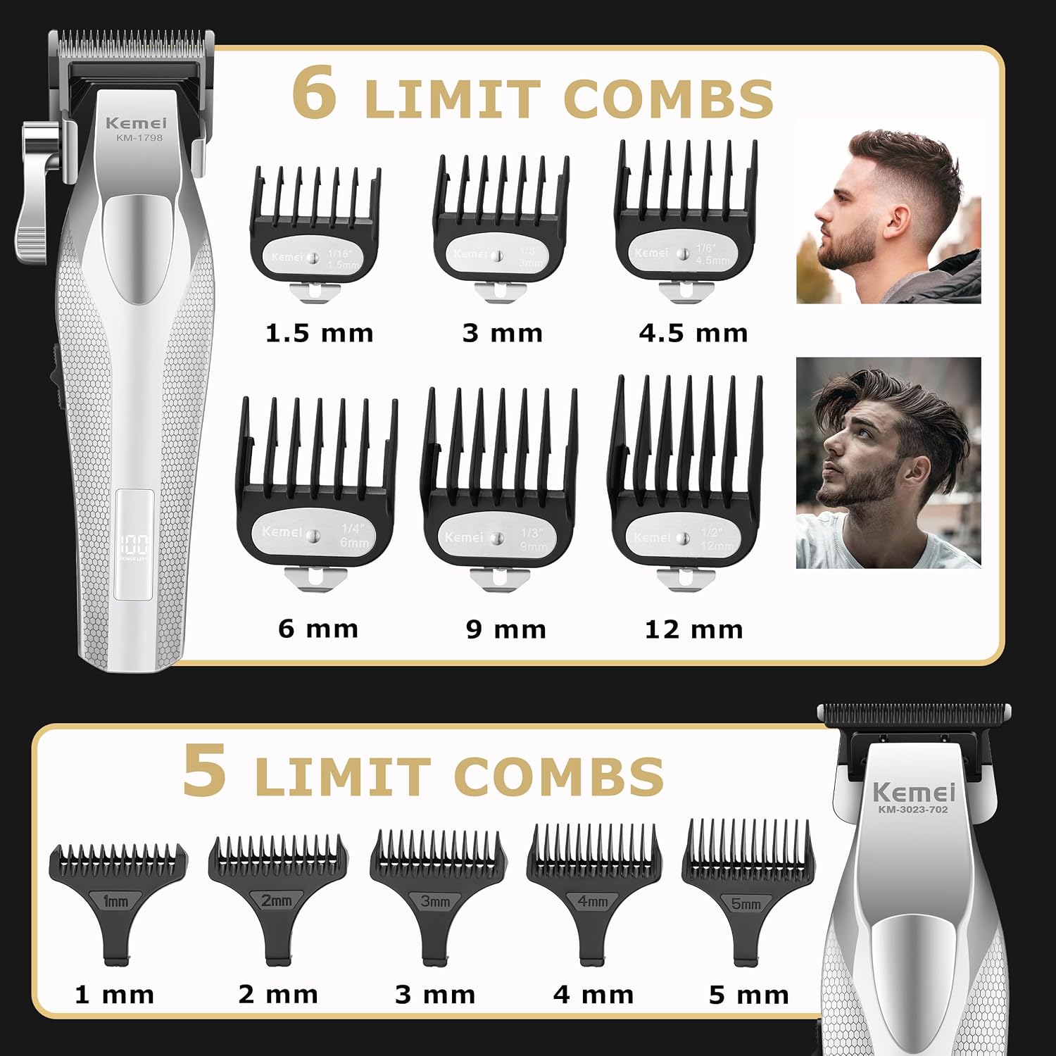 KEMEI Professional Hair Clippers for Men, Cordless Barber Clippers and Trimmers Set with Full Metal Body, Electric Foil Shavers with LED Display & Travel Case, KM-3023-702, KM-1798, KM-T402