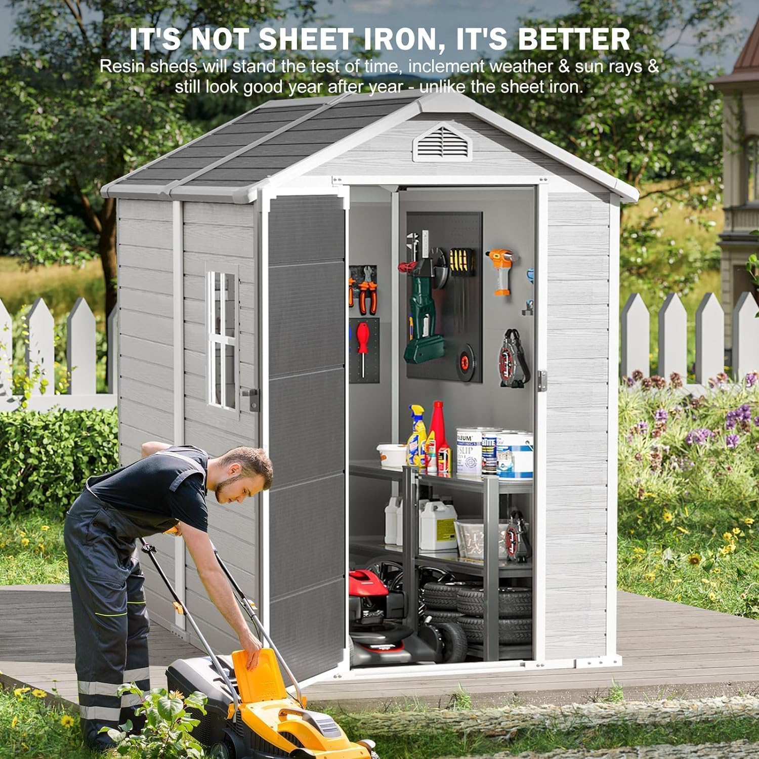 CDCASA 6x4 FT Resin Shed, Large Waterproof Outdoor Storage Sheds with Floor Included & Lockable Door & Vents, Outside Plastic Tool Shed for Backyard, Patio, Poolside, Lawn