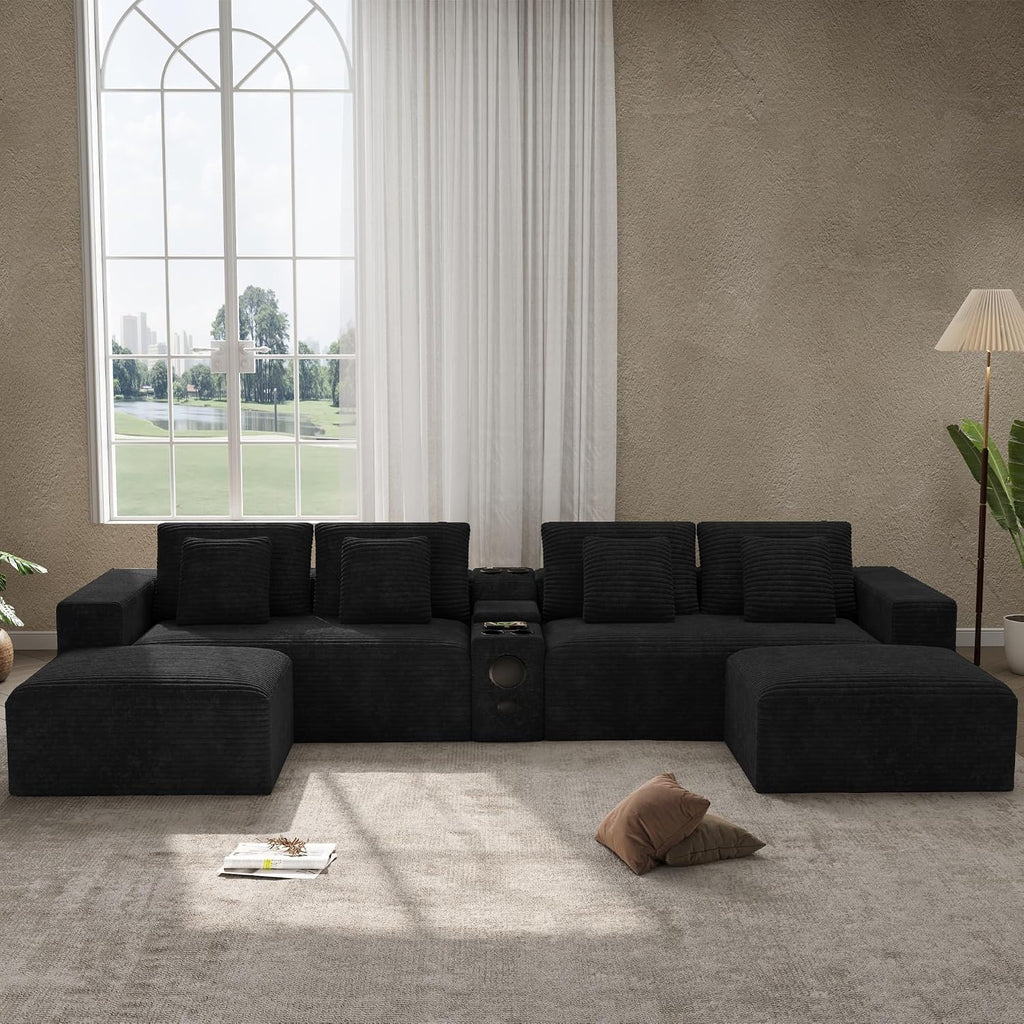 152' Oversized U Shaped Cloud Couches for Living Room, Fluffy Large Modular Sectional Sofa Set with Ottoman Chaise Comfy Corduroy Black Boneless Couch with Cup Holder Bluetooth Speaker USB Port