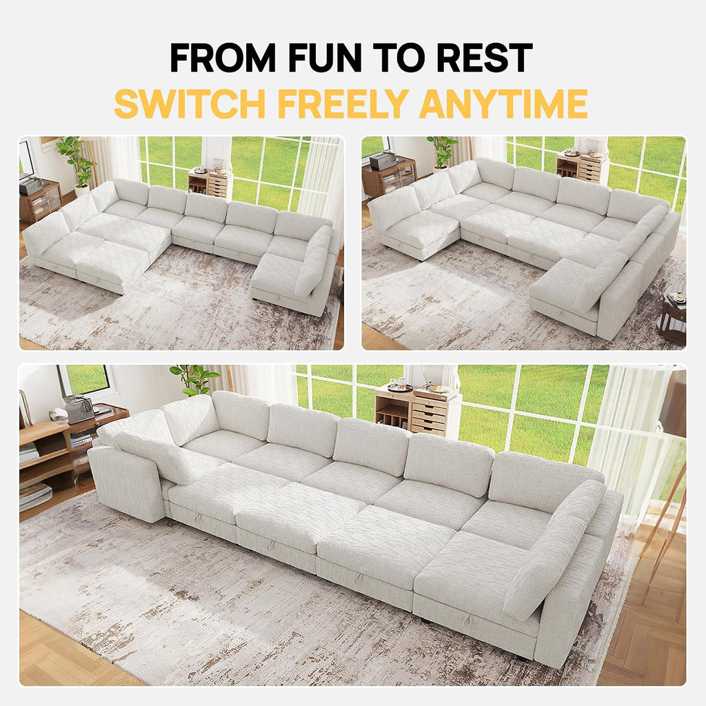 157' Modular Sectional Chenille Sofa bed with Hidden Storage, Comfy Modern 10 Seater Oversized Deep Seat Couch, Modular Sectional with Ottoman and Removable Cover for Living Room, Apartment, Beige