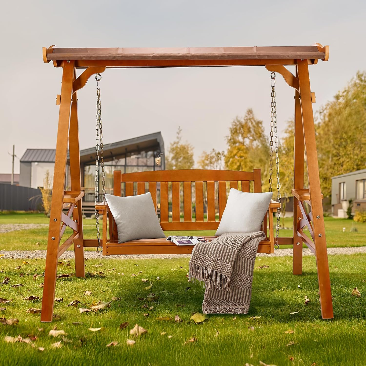 VINGLI Porch Swing with Stand, Porch Swing with Canopy, Waterproof Patio Swing with Cup Holder, Outdoor Swing Set for Garden, Yard, Patio, Teak
