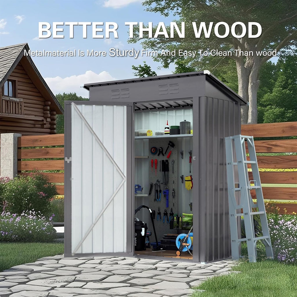 Outdoor Storage Shed 5 x 3 FT Metal Tool Shed with Pitched Roof, Compact Metal Garden Shed Anti-Corrosion Storage House with Lockable Door for Backyard, Patio, Sundries, Gray (Pitched roof)