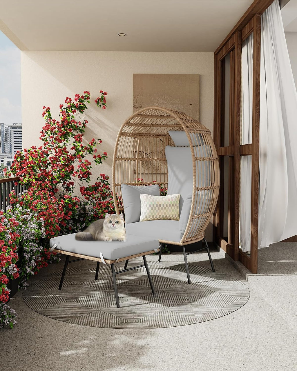 GarveeLife Oversize Wicker Egg Chair with Ottoman, Egg Shaped Lounge Chair with Thick Cushion, Comfy Egg Rattan Seat for Indoor Outdoor Patio Porch Backyard, Grey