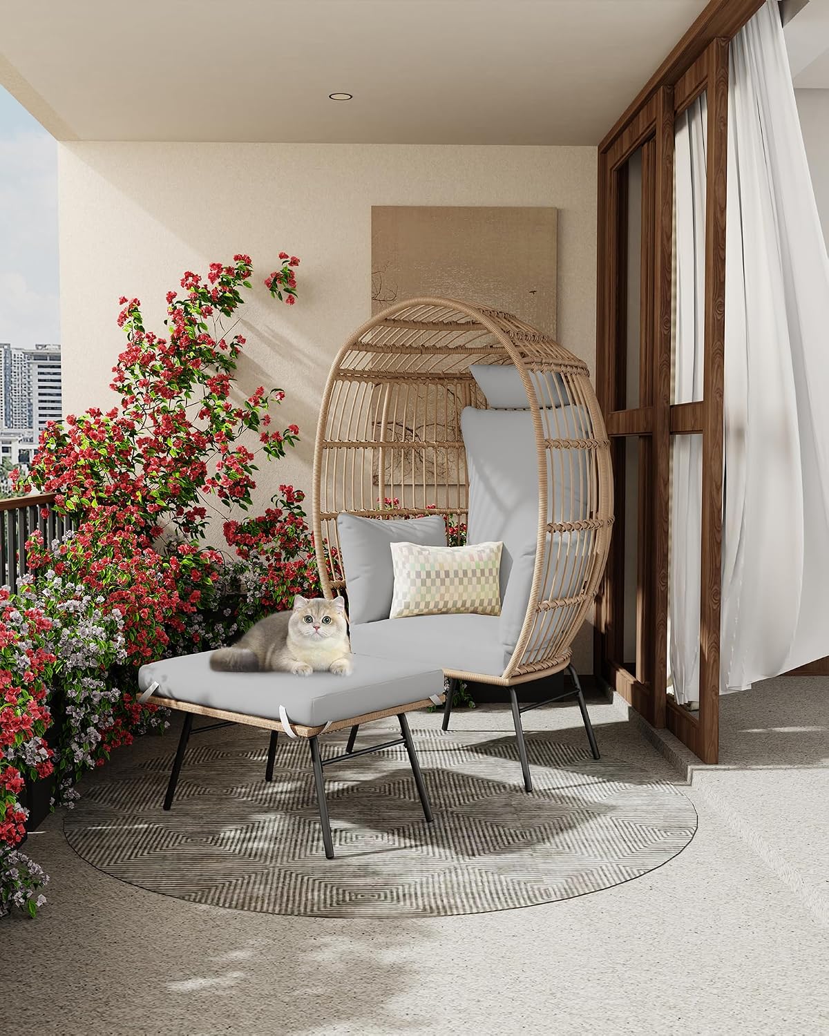 GarveeLife Oversize Wicker Egg Chair with Ottoman, Egg Shaped Lounge Chair with Thick Cushion, Comfy Egg Rattan Seat for Indoor Outdoor Patio Porch Backyard, Grey