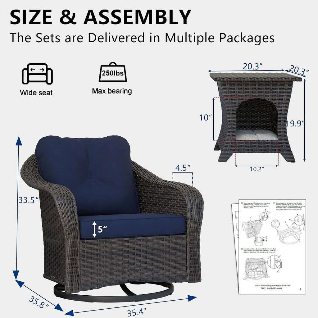 Wicker Swivel Rocking Chairs Set 2 with Storage Side Table - Outdoor Brown Wicker Swivel Glider Chair Outdoor Rocking Chair with Water-Resistant Cushions, Blue