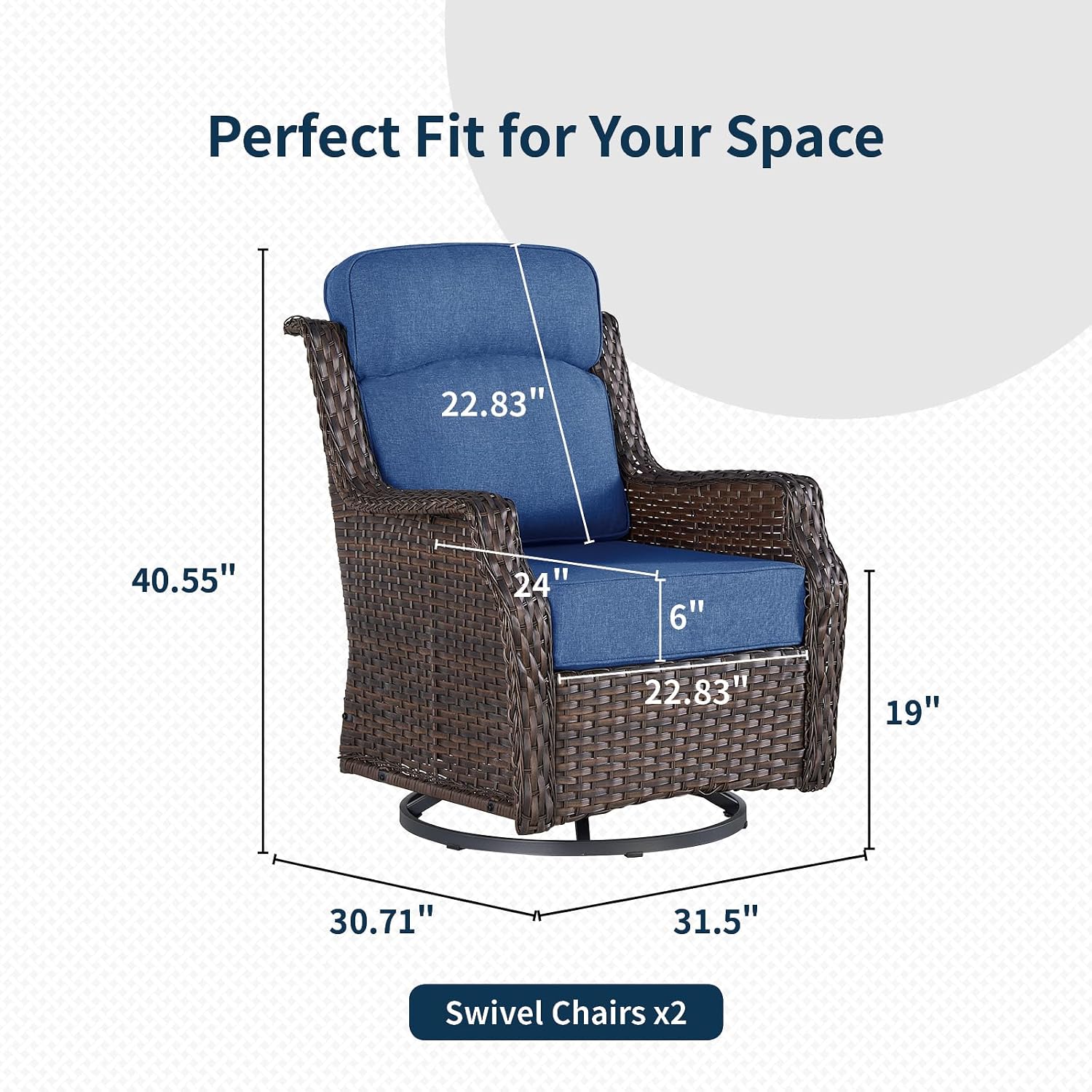 Outdoor Wicker Swivel Rocker Chair with 6-Inch Thick Cushions, High Back Patio Glider Chair, 360° Swivel & Rocking Motion for Porch, Deck, Balcony, Poolside, Brown/Blue