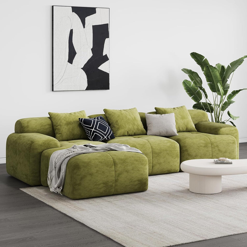 118'' Modern L-Shaped Modular Sectional Sofa for Living Room，Oversized 3-Seater Couch with Deep Seat and Movable Ottoman – No Assembly,Comfortable Corduroy Fabric Boneless Sofa (Green)