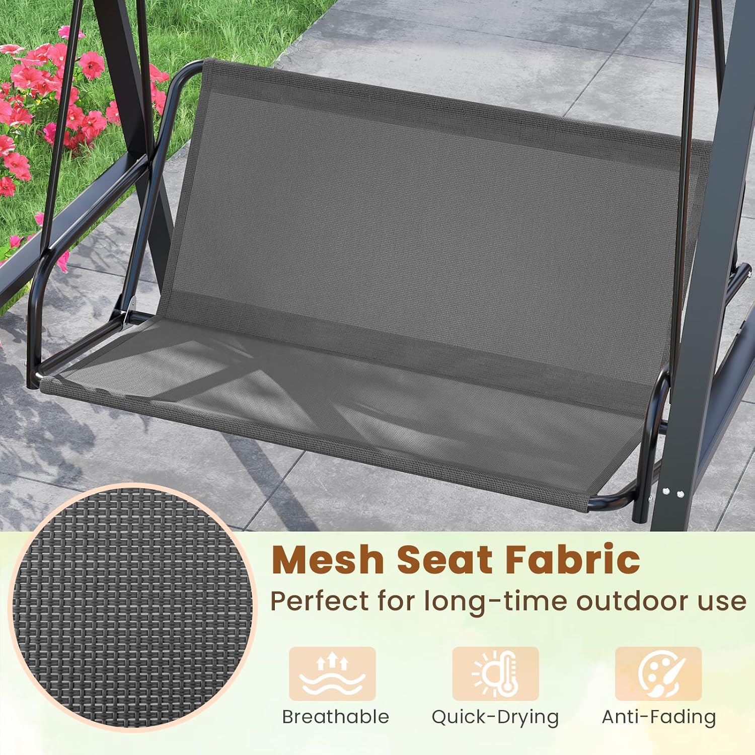 Tangkula 2 Person Porch Swing, Patio Swing with Adjustable Canopy, Heavy-Duty Metal Frame & Soft Cushion, Outdoor Swing for Backyard, Garden (Grey)