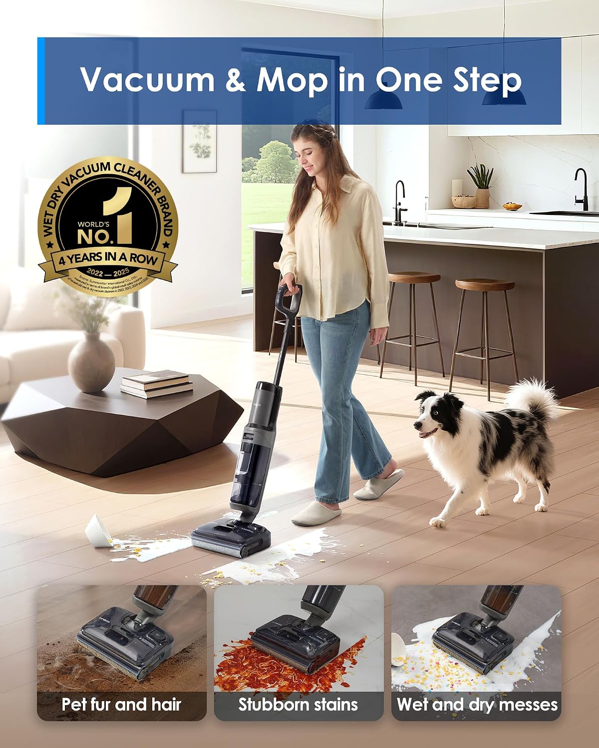Tineco Floor ONE i6 Stretch Wet Dry Vacuum Cleaner, Vacuum & Mop All in One, 20kpa Powerful Suction, Up to 40 Minutes Runtime, 180° Lay-Flat, Anti-Tangle Design, Full-Path Self-Cleaning&185℉ Flashdry