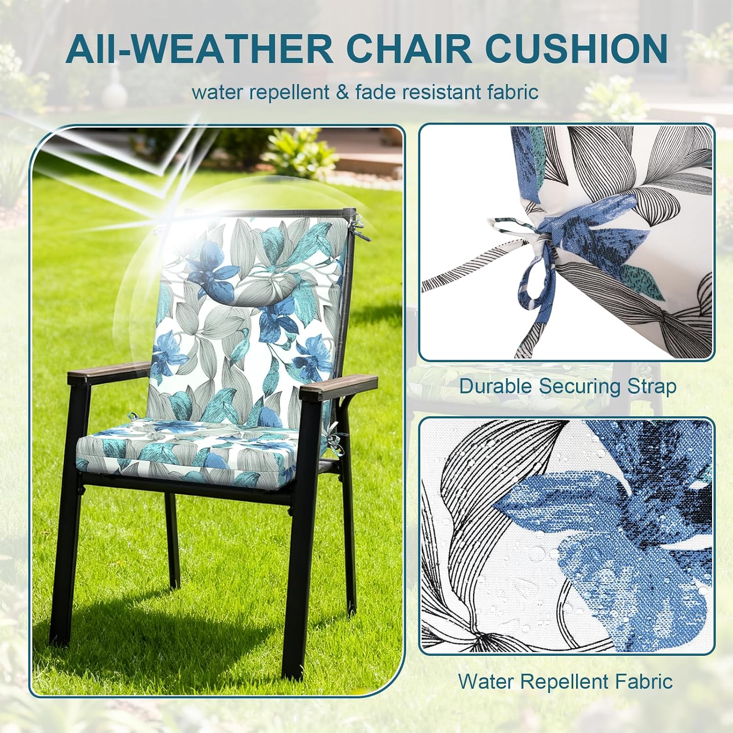 DYTXIII Outdoor High Back Chair Cushions Set of 2, 44x20 in Water Repellent Patio Seat Cushions with Elastic Sponge, All Weather Cushions for Rocking, Dining, Patio Furniture - Clemens Noir Blue