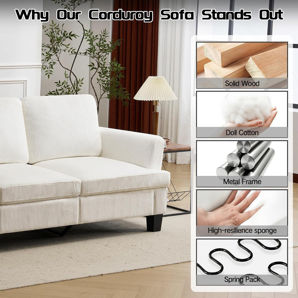 3 Seater Couch, 84' Comfy Corduroy Sofa with Deep Seat for Living Room, Modern Upholstered White Sofa Couches for Bedroom, Apartment and Office (Pillows Not Include)