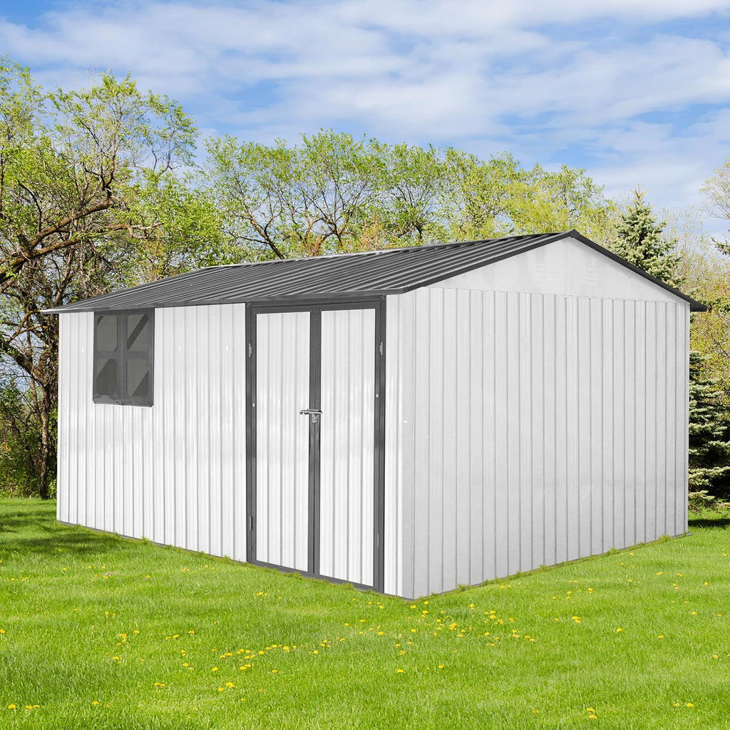 Ball & Cast 10x12 FT Outdoor Storage Shed,Metal Aluminum Waterproof Tool Sheds with Window,Heavy-Duty Sheds Unit w/Door and Vents,for Storing Bicycles,Lawnmowers,Barbeques,White+Grey