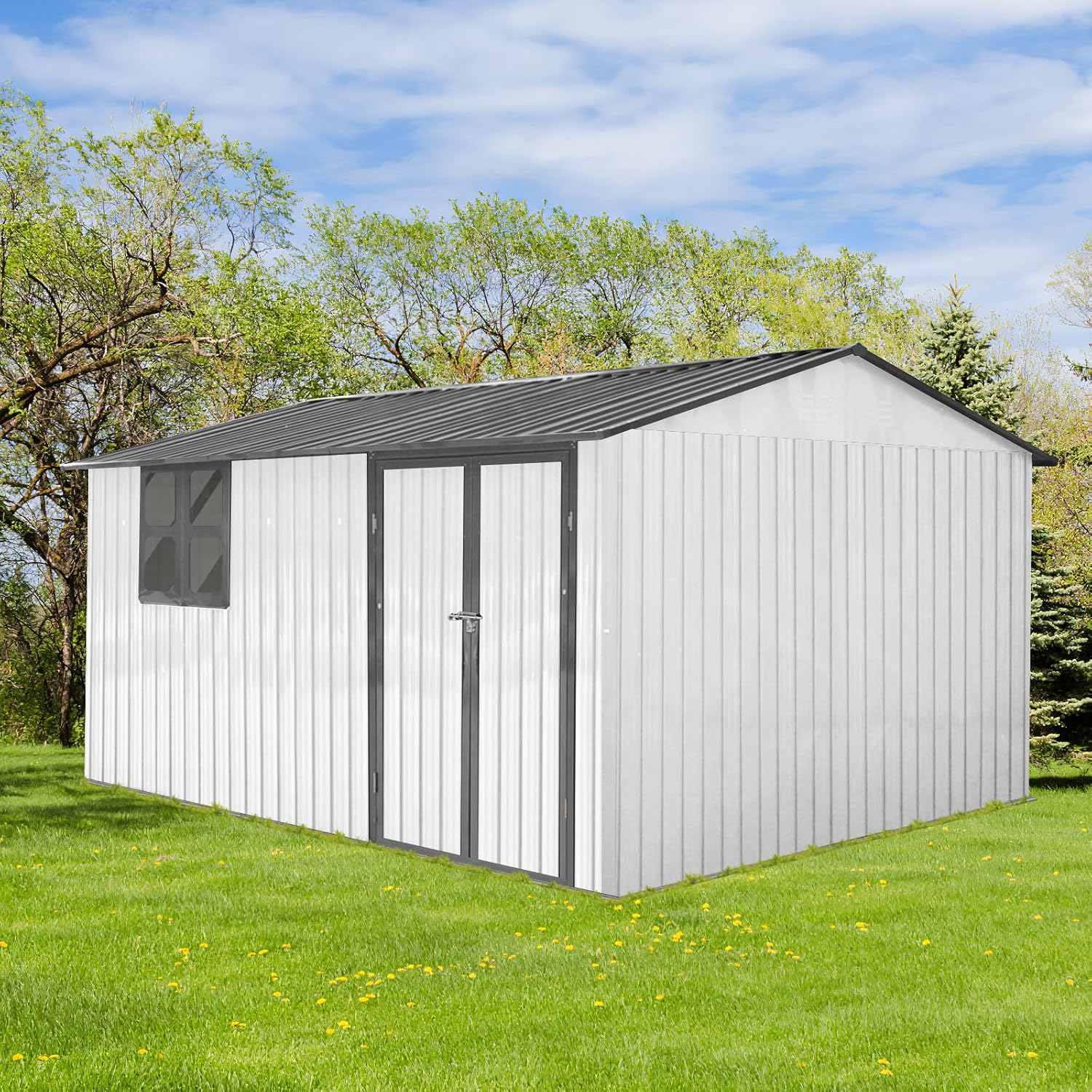 Ball & Cast 10x12 FT Outdoor Storage Shed,Metal Aluminum Waterproof Tool Sheds with Window,Heavy-Duty Sheds Unit w/Door and Vents,for Storing Bicycles,Lawnmowers,Barbeques,White+Grey