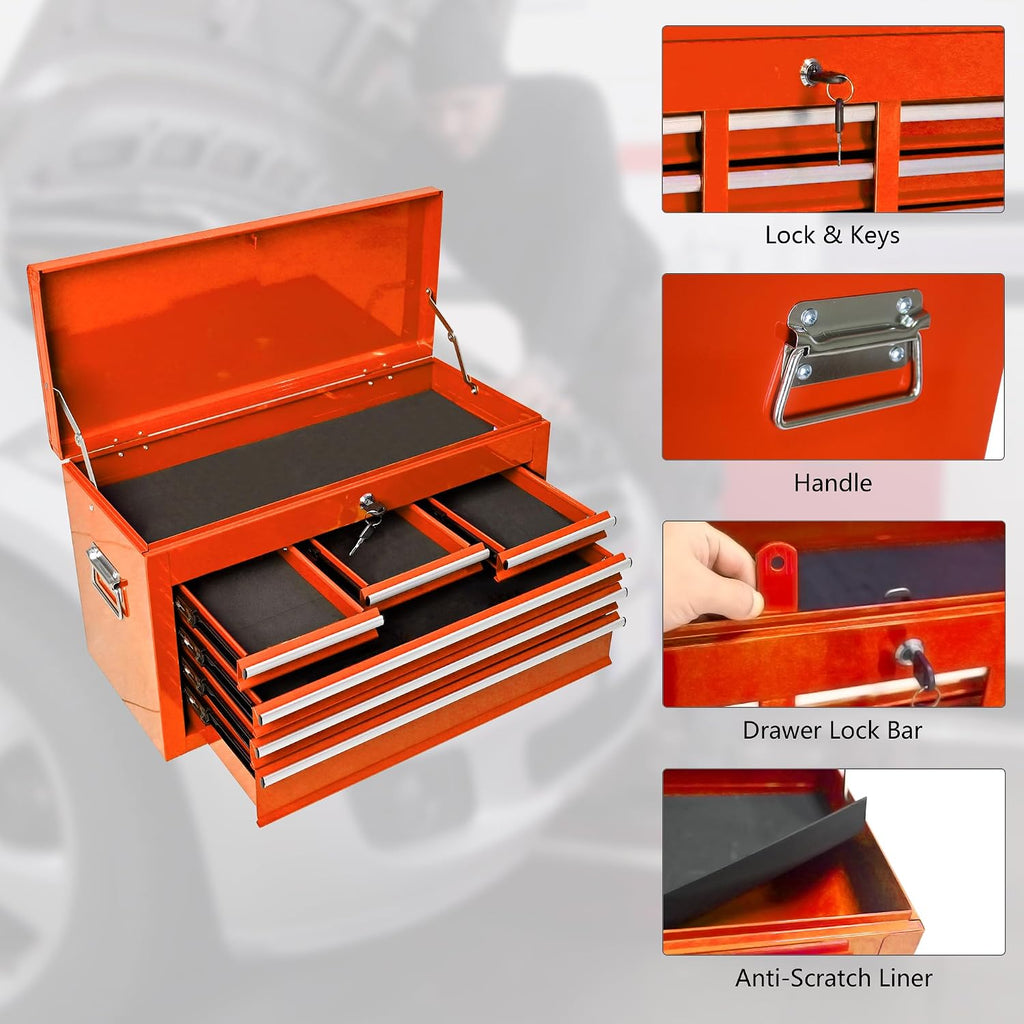 8-Drawer Tool Chest,Rolling Tool Box with Detachable Top Toolbox & Key Lock,Tool Cabinet with Universal Lockable Wheels,Lock Bar,Protective Liner,Metal Storage Cart for Garage,Workshop (Orange)