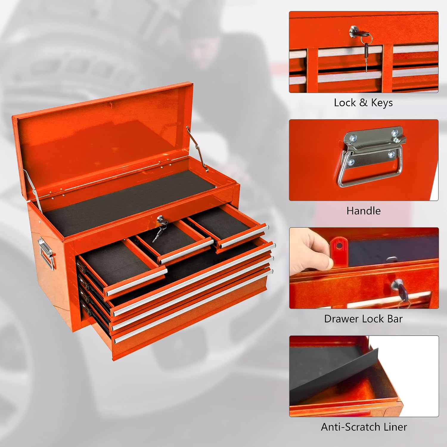 8-Drawer Tool Chest,Rolling Tool Box with Detachable Top Toolbox & Key Lock,Tool Cabinet with Universal Lockable Wheels,Lock Bar,Protective Liner,Metal Storage Cart for Garage,Workshop (Orange)