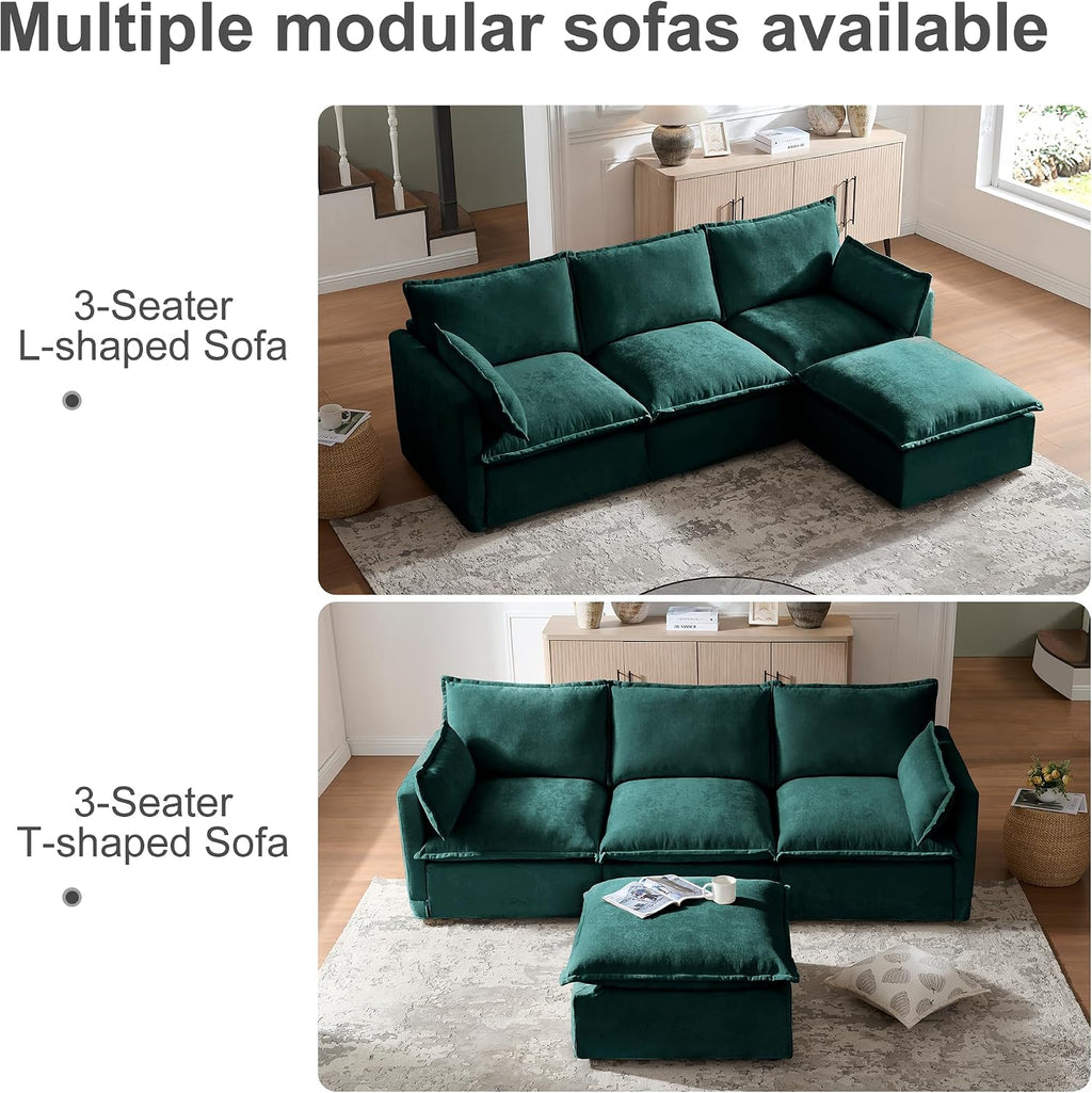 93.31' L-Shaped Couch Sofa with Ottoman, Green, 4 Seats | Modular Sectional