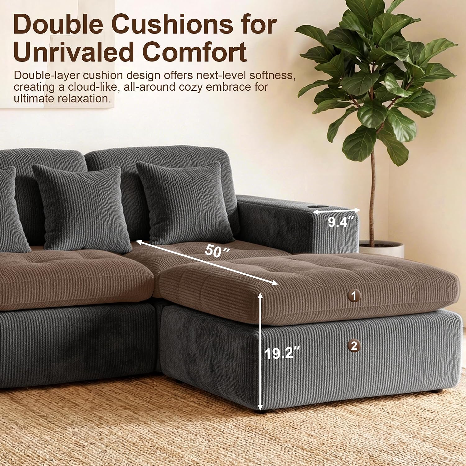 105' Modular Sectional Sofa, Cloud Sectional Couch with Deep Seat, Modern Corduroy Comfy L Shaped Couch with Chaise, Boneless Couches for Living Room Bedroom (Dark Gray)