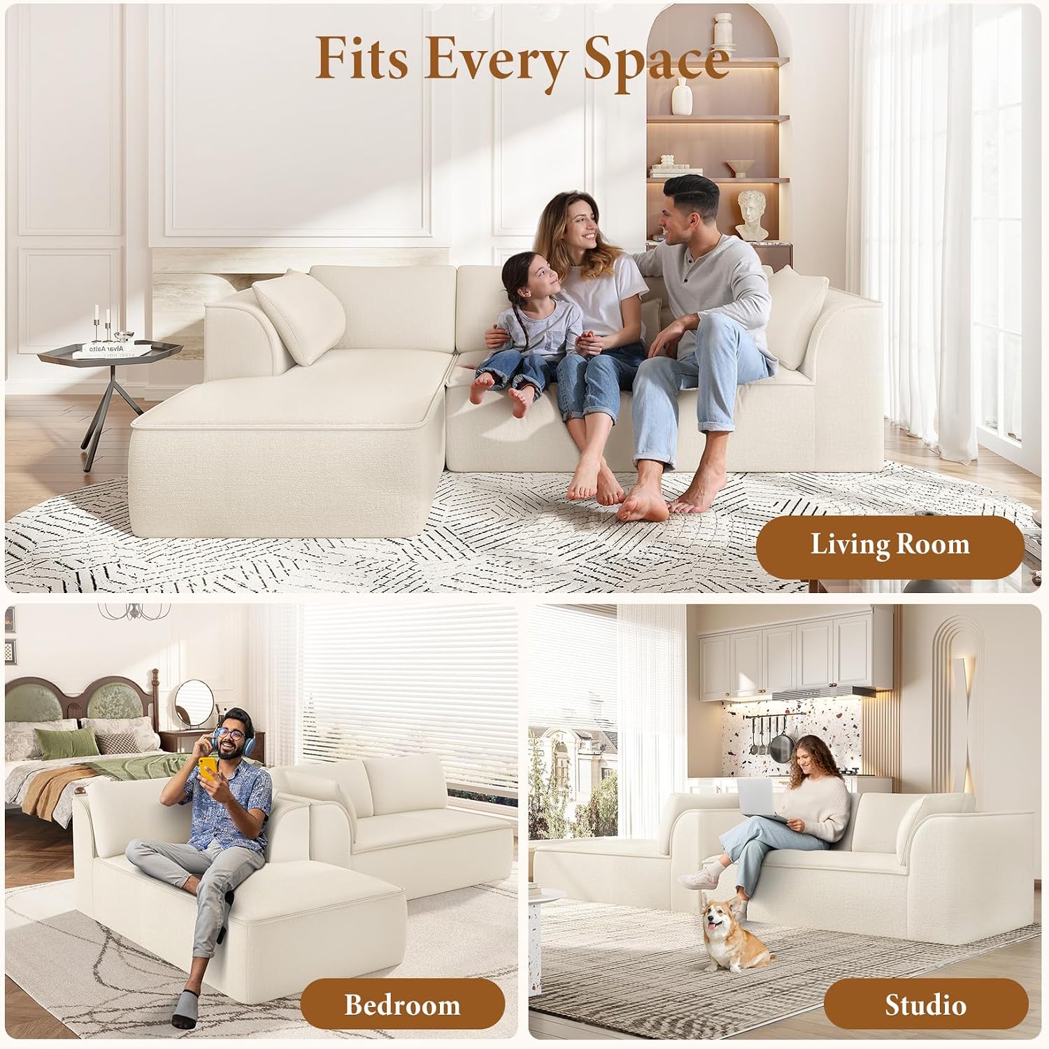 Vesgantti 106' Cloud Couch Sectional Modular Sofa, Deep Seat Comfy Cloud Couch Chenille Memory Foam Sofa Modular Couches for Living Room Bedroom, No Assembly Required (Beige, Left-Facing Chaise)
