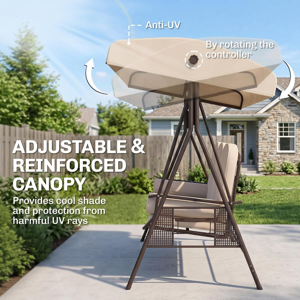 Outsunny 3-Seat Patio Swing Chair, Outdoor Porch Swing Glider with Adjustable Canopy, Removable Cushion, Pillows and Side Trays, for Garden, Poolside, Backyard, Beige