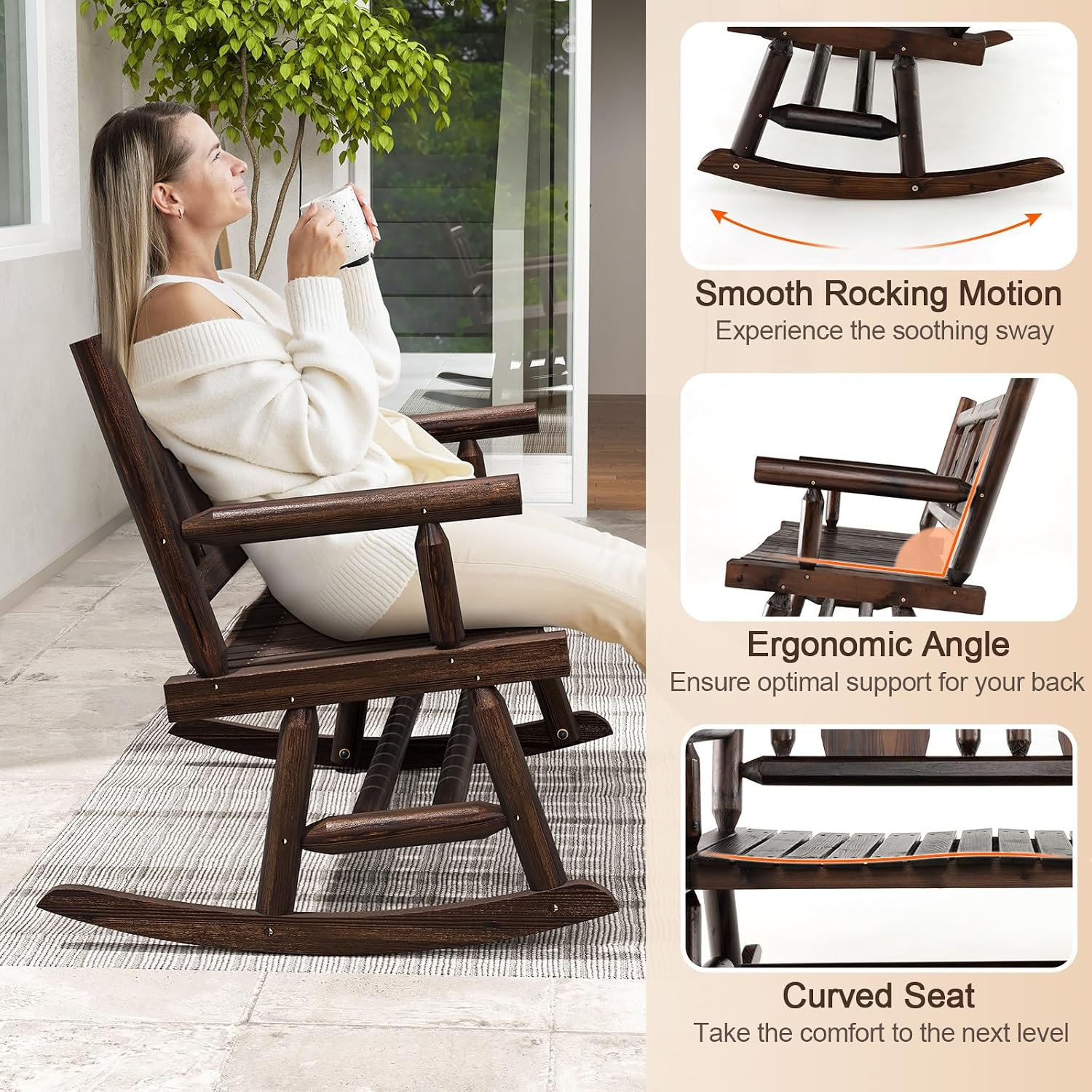 HAPPYGRILL Outdoor Wood Rocking Bench Carbonized Double Rocking Chair for 2 Persons with Wide Curved Seat, Porch Rocker for Porch, Garden, Backyard, 710LBS Capacity
