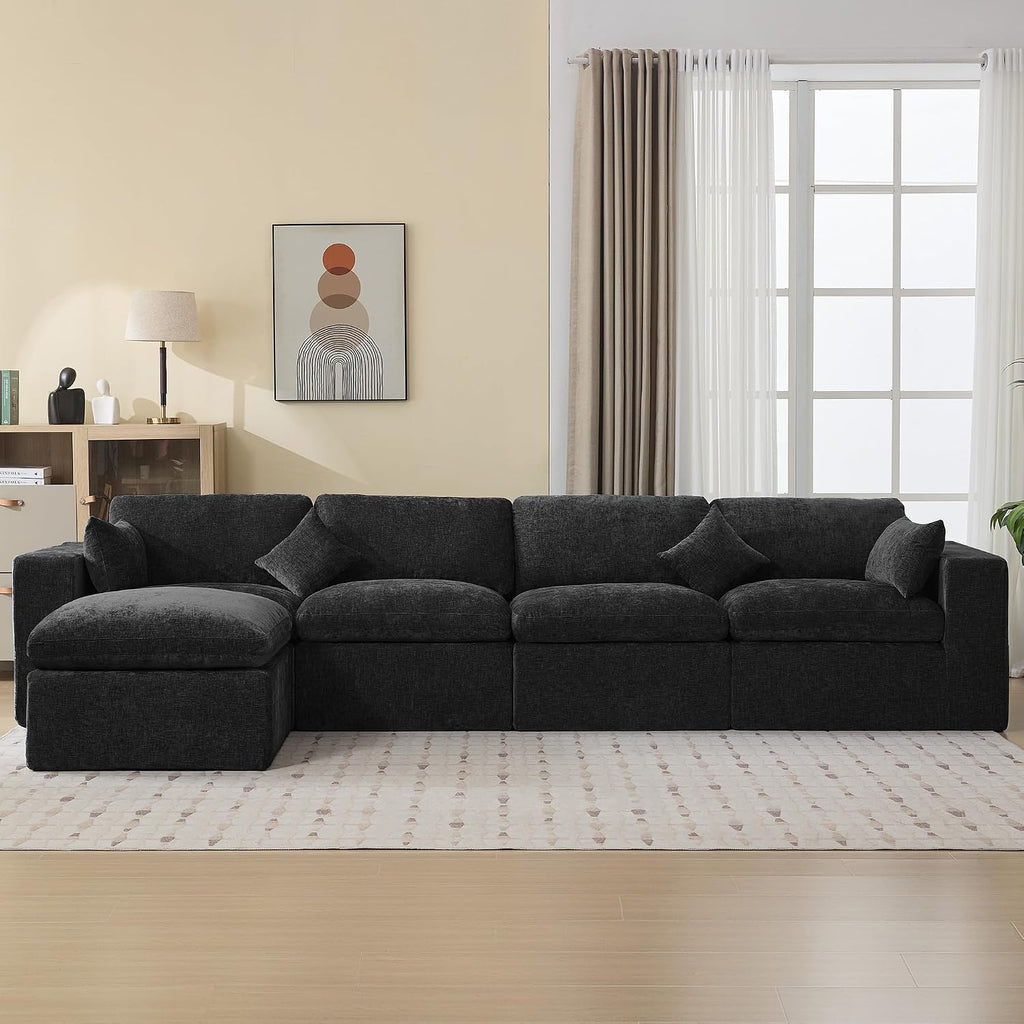 146''Cloud Boneless Sectional Couch, Modular Sectional Sofa Deep Seat with Ottoman, Oversized Upholstered Convertible Comfy 5 Seater Chenille Sofa L Shape Couches for Living Room, Dark
