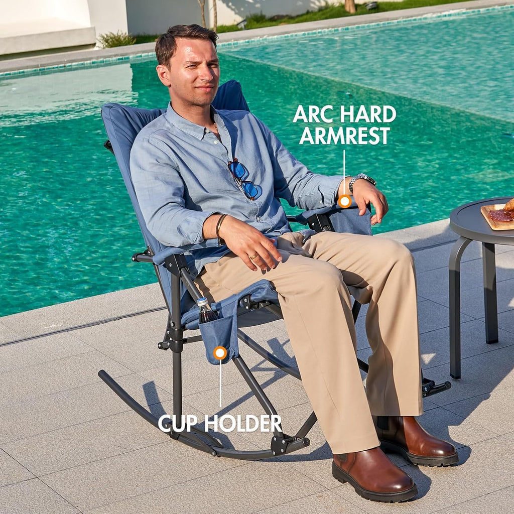 Portal Folding Rocking Camping Chair Outdoor - Thick Padded Rocking Recliner Chair Portable Camping Rocker for Patio Front Porch Backyard Lawn Living Room, Supports 400 LBS