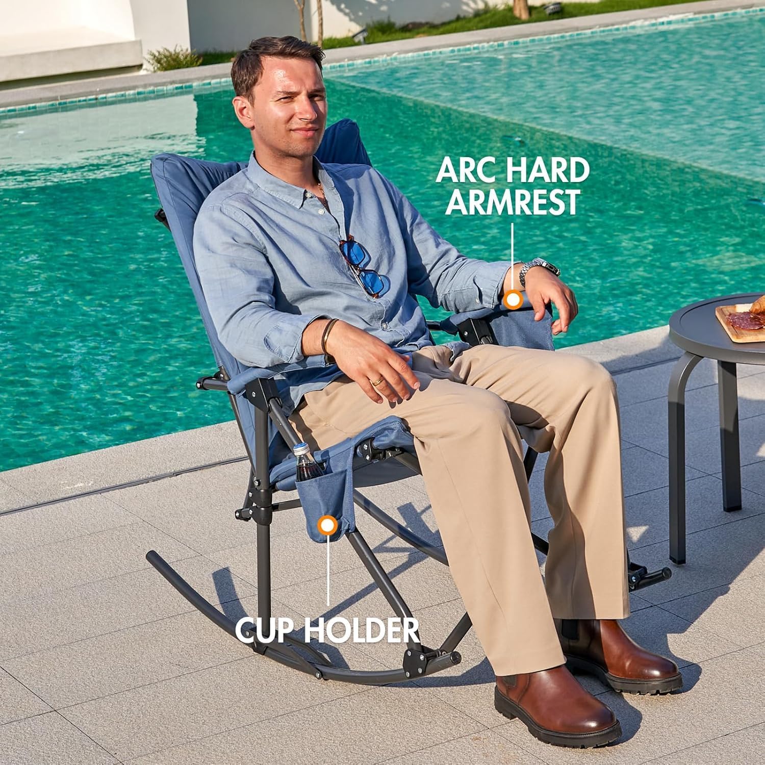 Portal Folding Rocking Camping Chair Outdoor - Thick Padded Rocking Recliner Chair Portable Camping Rocker for Patio Front Porch Backyard Lawn Living Room, Supports 400 LBS