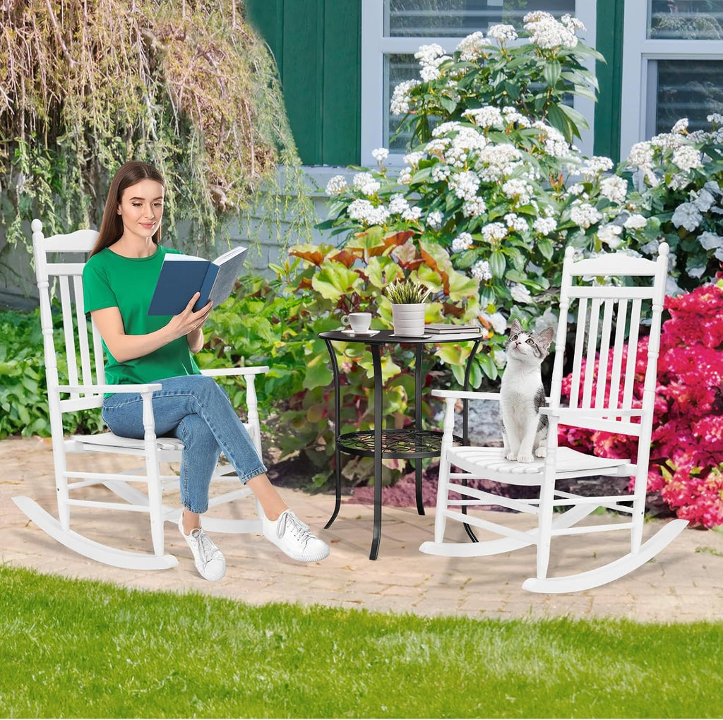 VINGLI Wooden Rocking Chair Outdoor Set of 2, Patio Rockers with High Back, Support 450 LBS Rocking Chairs, for Porch, Patio, Balcony, Garden, Yard (White, 2 PCS)