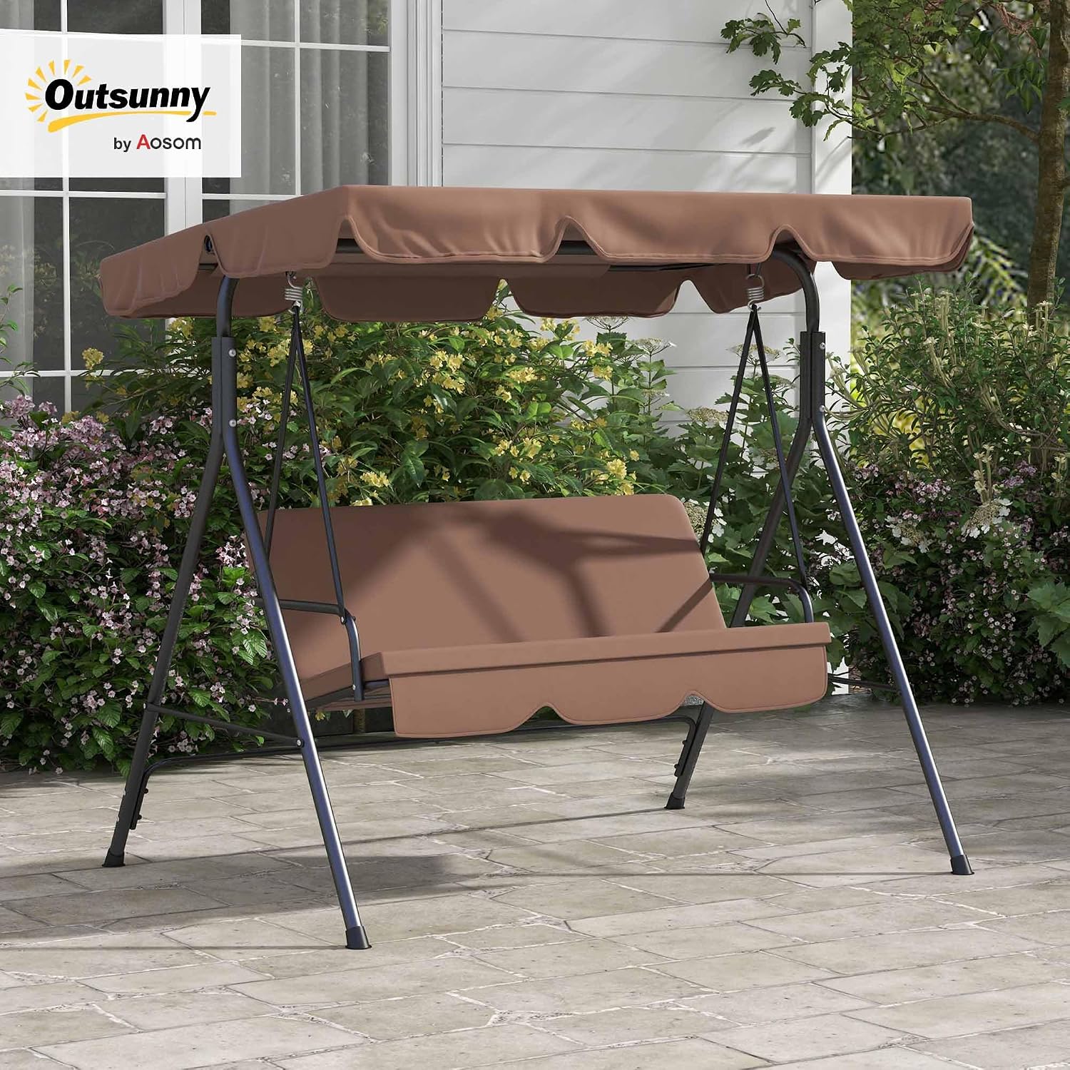 Outsunny 3-Seat Outdoor Patio Swing Chair with Removable Cushion, Steel Frame Stand and Adjustable Tilt Canopy for Patio, Garden, Poolside, Balcony, Backyard, Brown