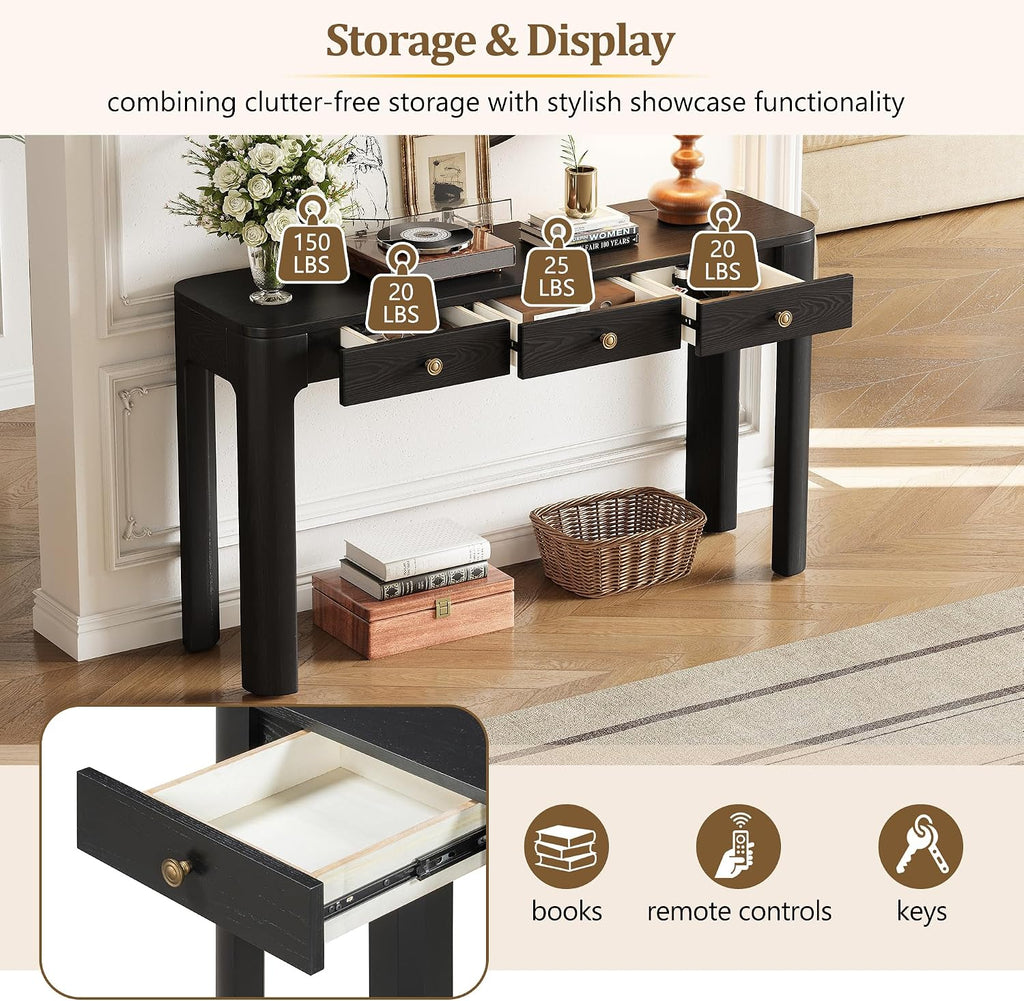 LKTART Solid Wood Entryway Table with 3 Drawers,Farmhouse Console Table Sofa Table with Curved Corners for Hallway,Foyer,Living Room (52' Black)